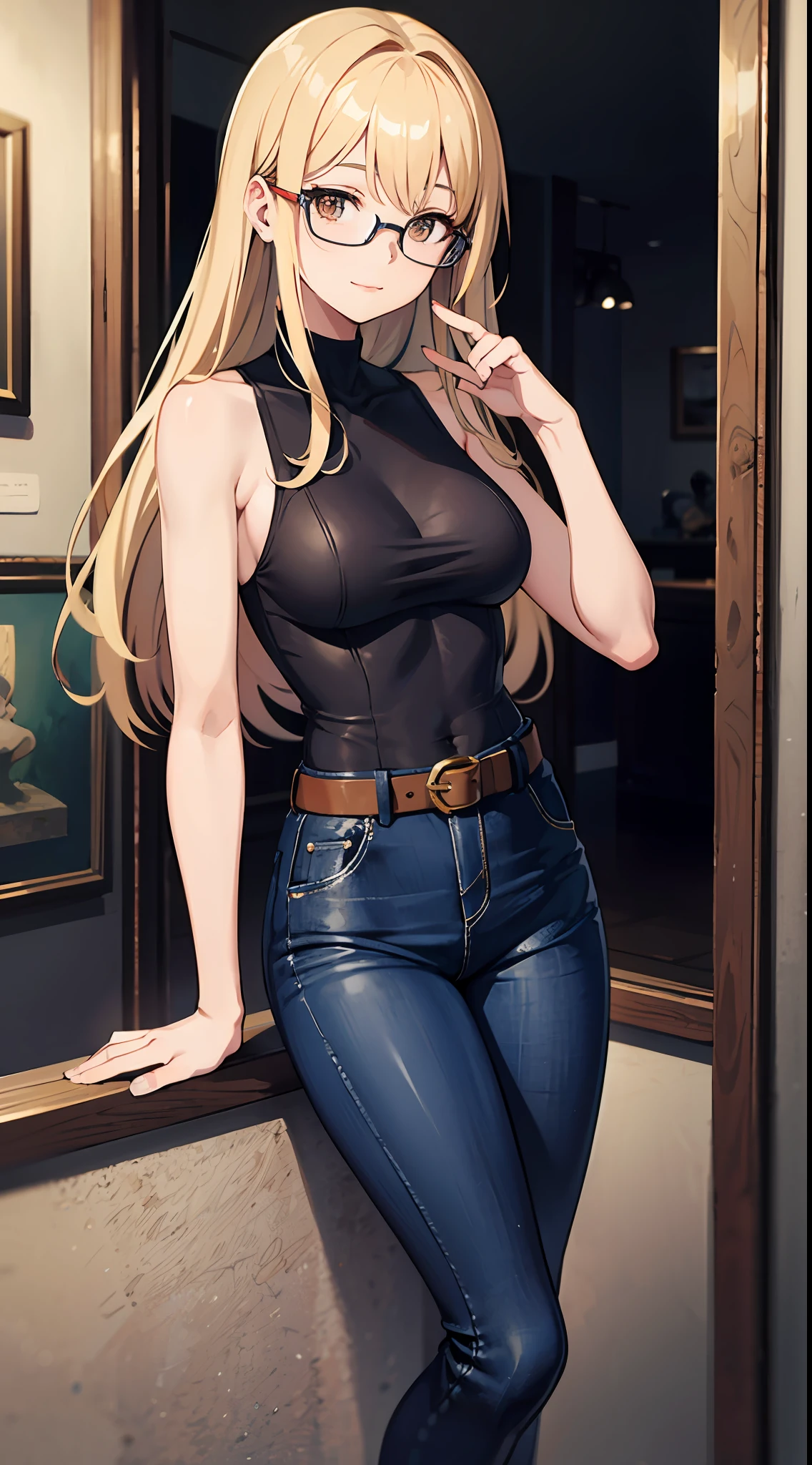 anime woman, stylishly dressed in a tight blue sleeveless dress with a waist belt, complemented by cyan wide leg jeans, and sporting long blond hair and glasses. She is medium chested and has brown eyes. She is calm and collective and has a confident expression on her face along with a soft smile while doing a feminine pose. The scene takes place inside of a museum.