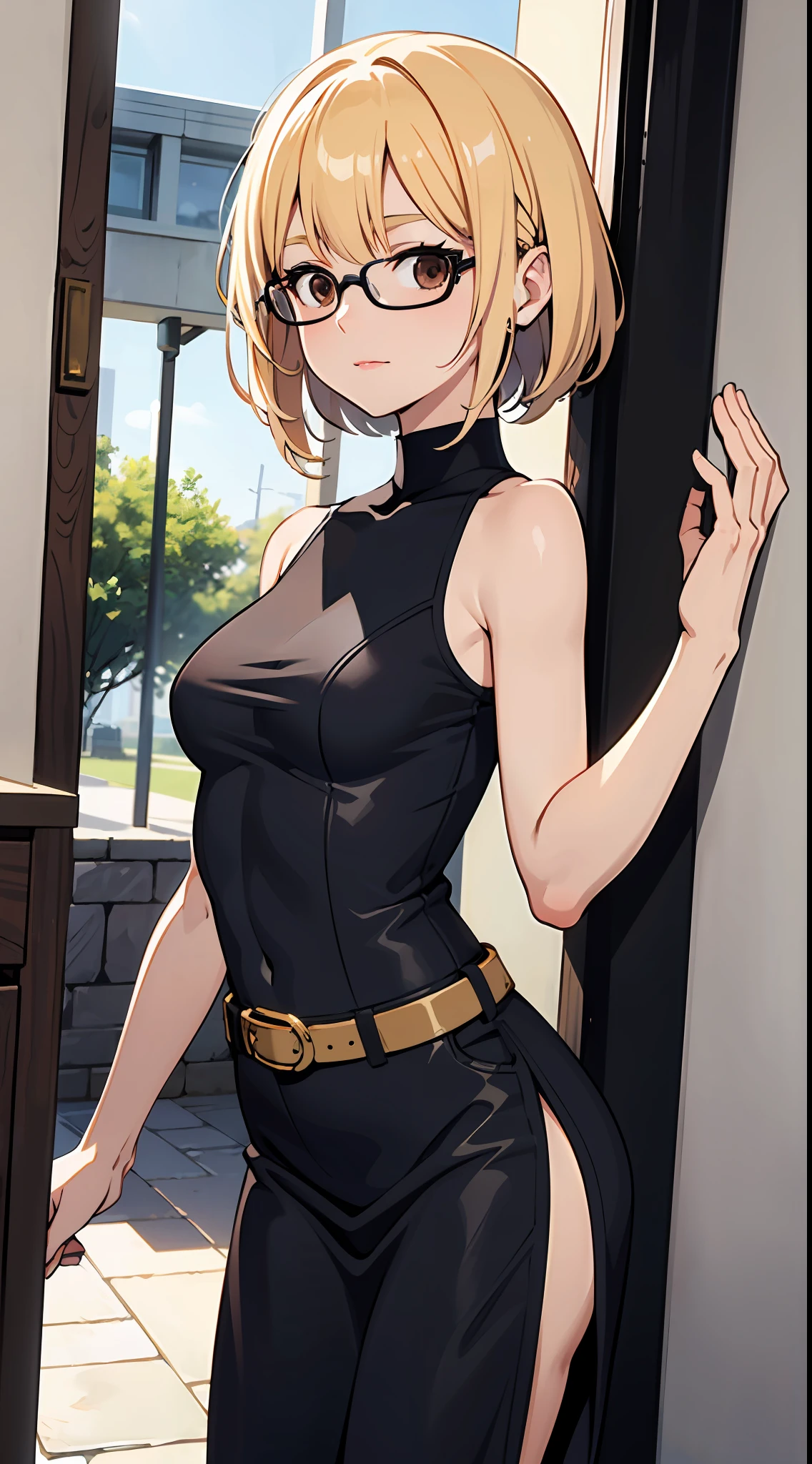 anime woman, stylishly dressed in a tight black sleeveless dress with a waist belt, complemented by cyan wide leg pants, and sporting blond hair and glasses. She is medium chested and has brown eyes. She is calm and collective and has a confident expression on her face along with a soft smile. The scene takes place inside of a museum.