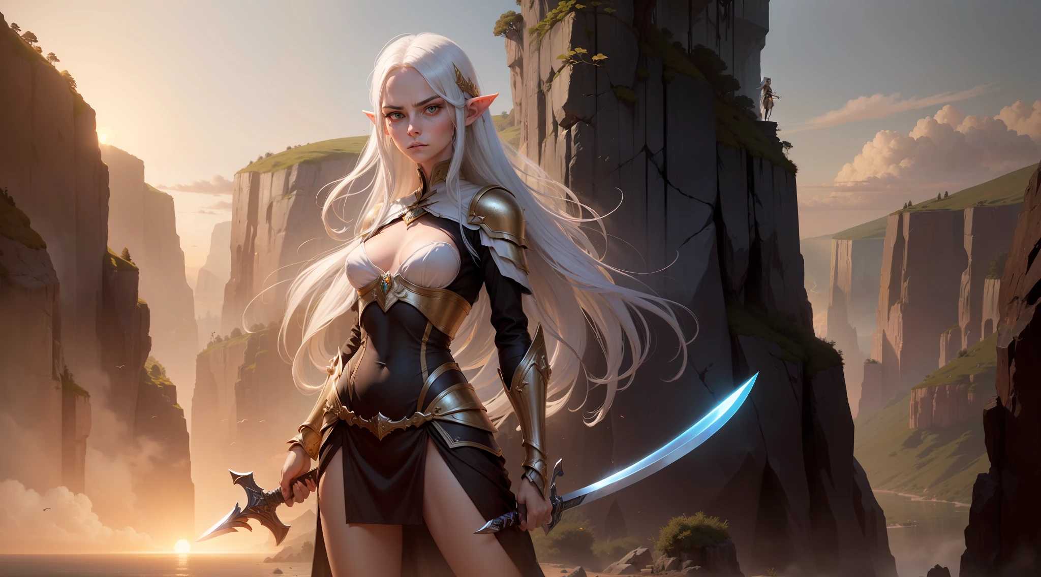 1 tall elf woman, with beautiful white hair, best quality, (beauty), narrow waist, thin, big eyes, long legs, (small breasts), swollen eyes, facing the cliff, late afternoon, (sunset), facing the viewer, fighting posture, (holding a sword and shield), a cold expression, gold and black armor all over her body.