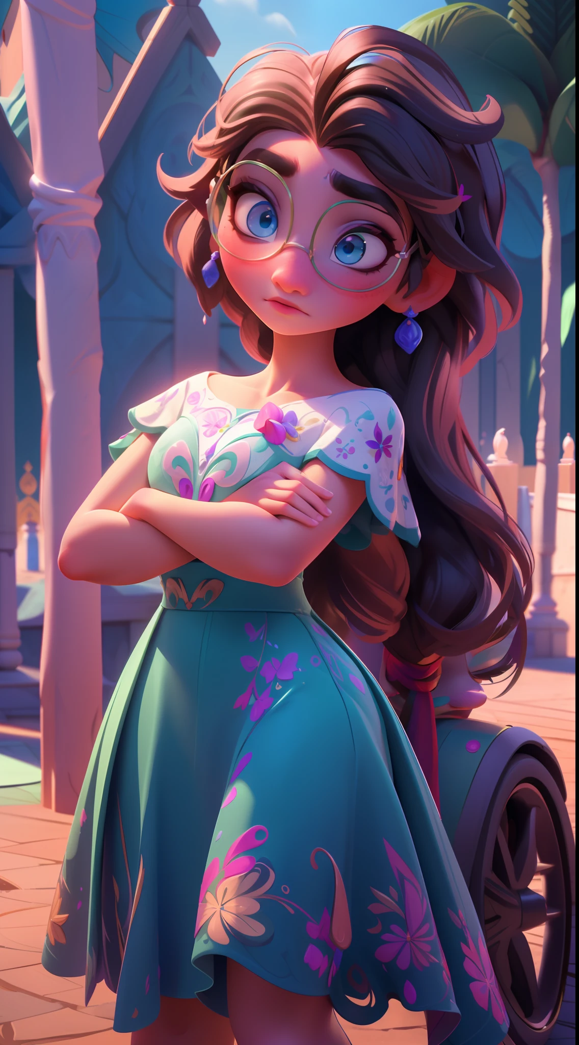 Elsa-Mirabel Fusion, Mesclando modelos, Roupas da Mirabel, melting, 1girl, Beautiful, Character, Woman, Female, (master part:1.2), (melhor qualidade:1.2), (Solo:1.2), ((pose de luta)), ((campo de batalha)), cinemactic, olhos perfeitos, pele perfeita, perfect lighting, sorrir, luz, cor, pele texturizada, detalhe, Beleza, maravilha, ultra-detalhado, rosto perfeito