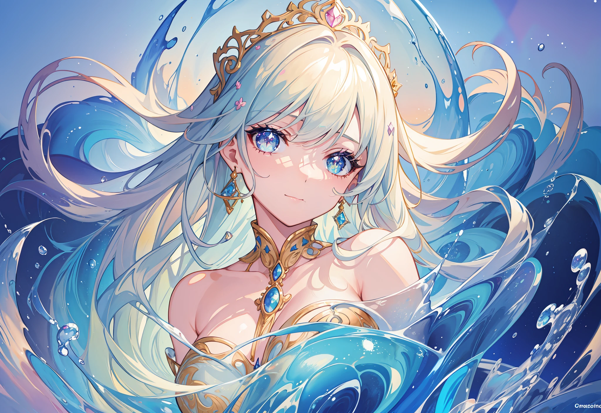 masterpiece, best quality, 8k resolution, sharp focus, intricate detail, beautiful girl, sparkling eyes, golden ratio face, otherworldly liquid, watercolor, pastel colors, bright colors, whimsical, colorful, sharp focus, high resolution, fine detail, liquid ballgown, ((round eyes))