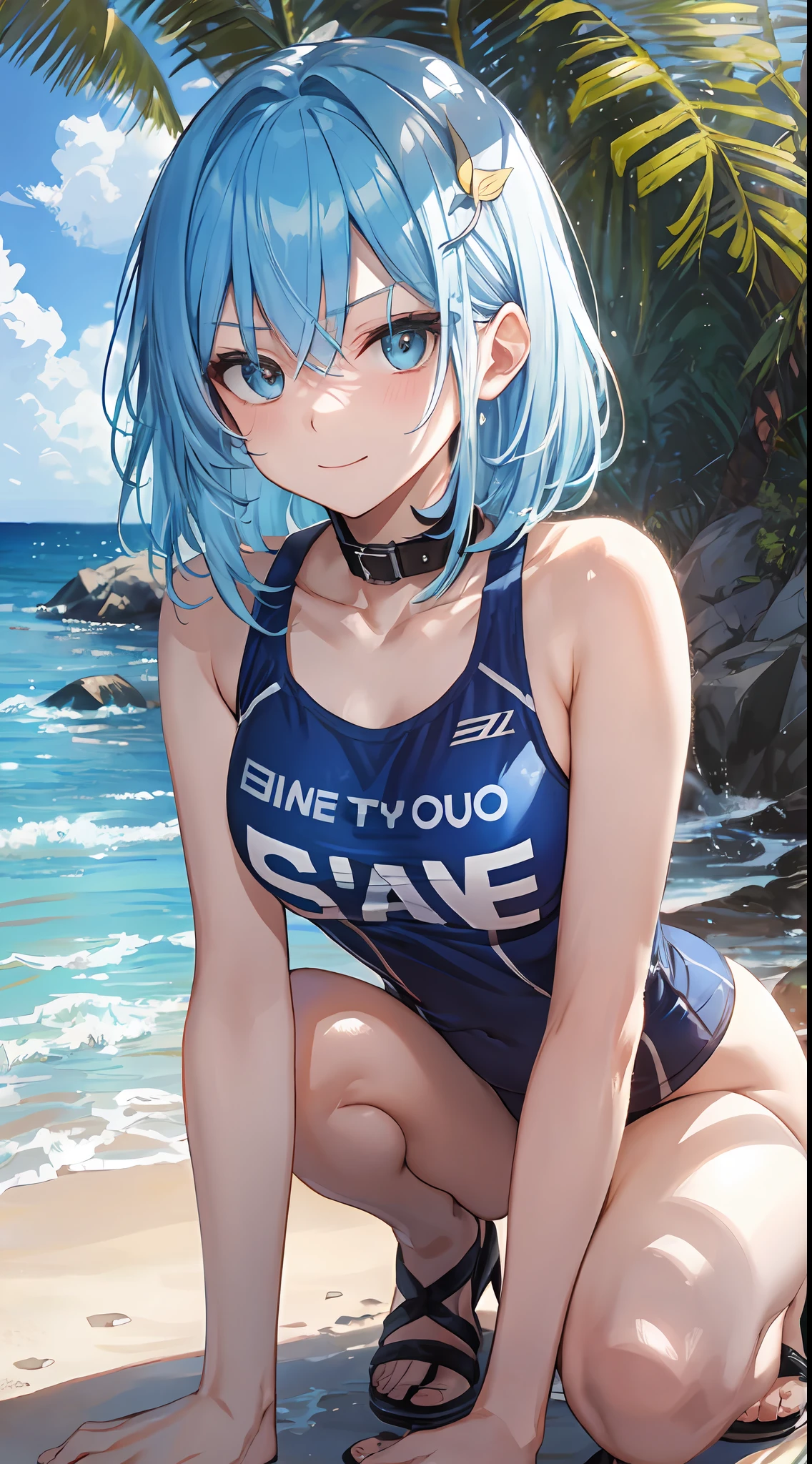 (NSFW:1.2), (8K, Raw photography, Top image quality, tmasterpiece: 1.4), super highly detailed, (realisitic, photoreallistic: 1.48), 1girl in, Solo Focus, type moon style, Kyoto Animation Style, short-length hair, (blue hairs:1.7), Blunt bangs, Hair Between Eyes, Clear eyes, side locks, White hair, Shiny hair, beautiful detailed cold face, Seductive smile, angry, complex details beautiful and delicate eyes, bare_shoulders, Small_Breasts, Gray eyes, White skin, Hair Ornament, (((T-shirt))), swim ring, swimsuit, beautiful bare back, Sandals, Skindentation, collar bone, bare_Legs, beach, Beautiful detailed sky, White sand, tree, very precise details, absurdist, Extremely detailed, 16k wallpaper,remrezero