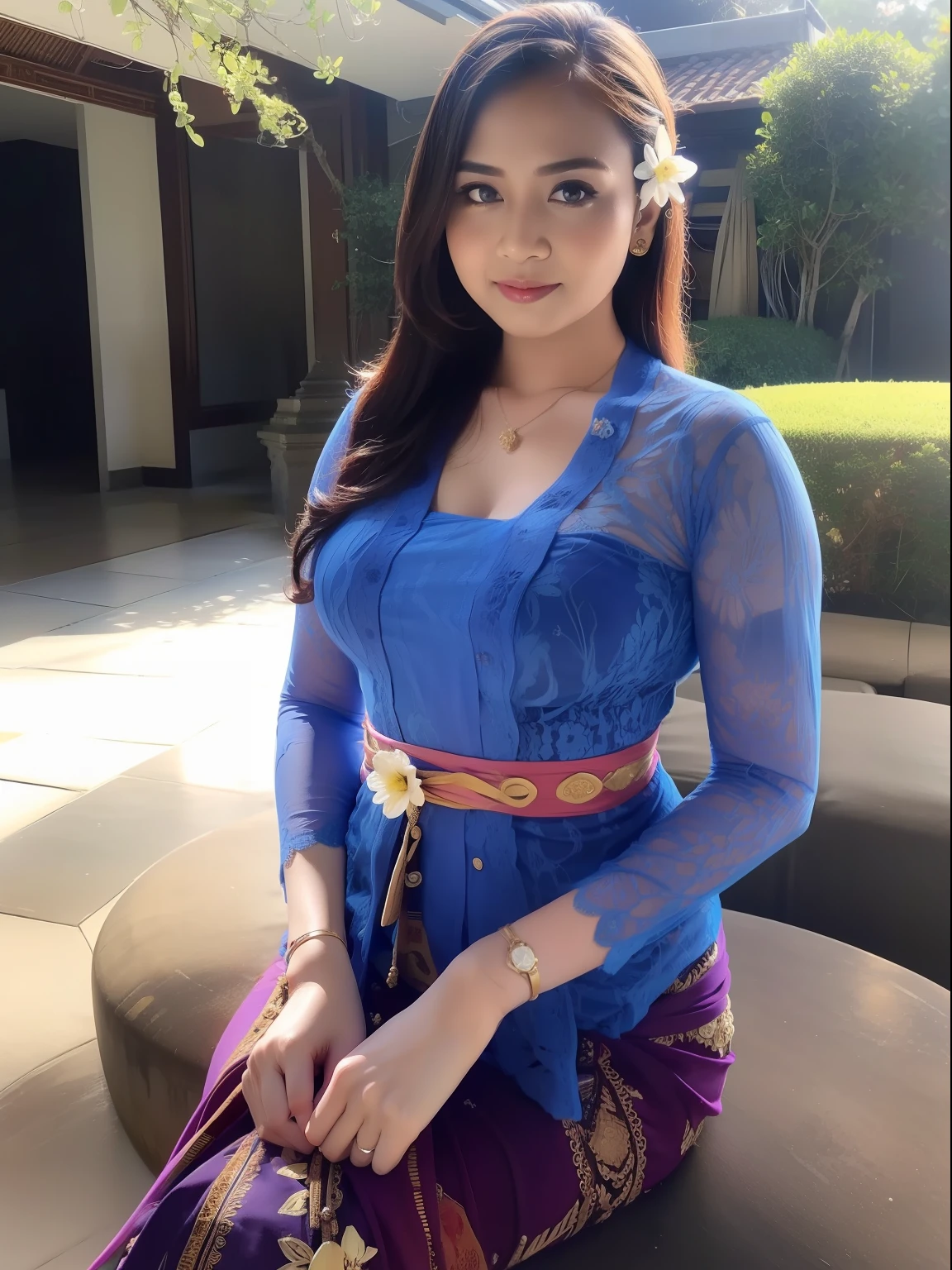 1girl, (blue_kebaya_bali), (kebaya_bali), flower, sunligh, nature, outdoors, detailed face, detailed eyes, huge breasts, shiny skin, looking at the audience, (8k, RAW photo, best quality, masterpiece: 1.2), (realistic, realistic: 1.37), ultra-high resolution