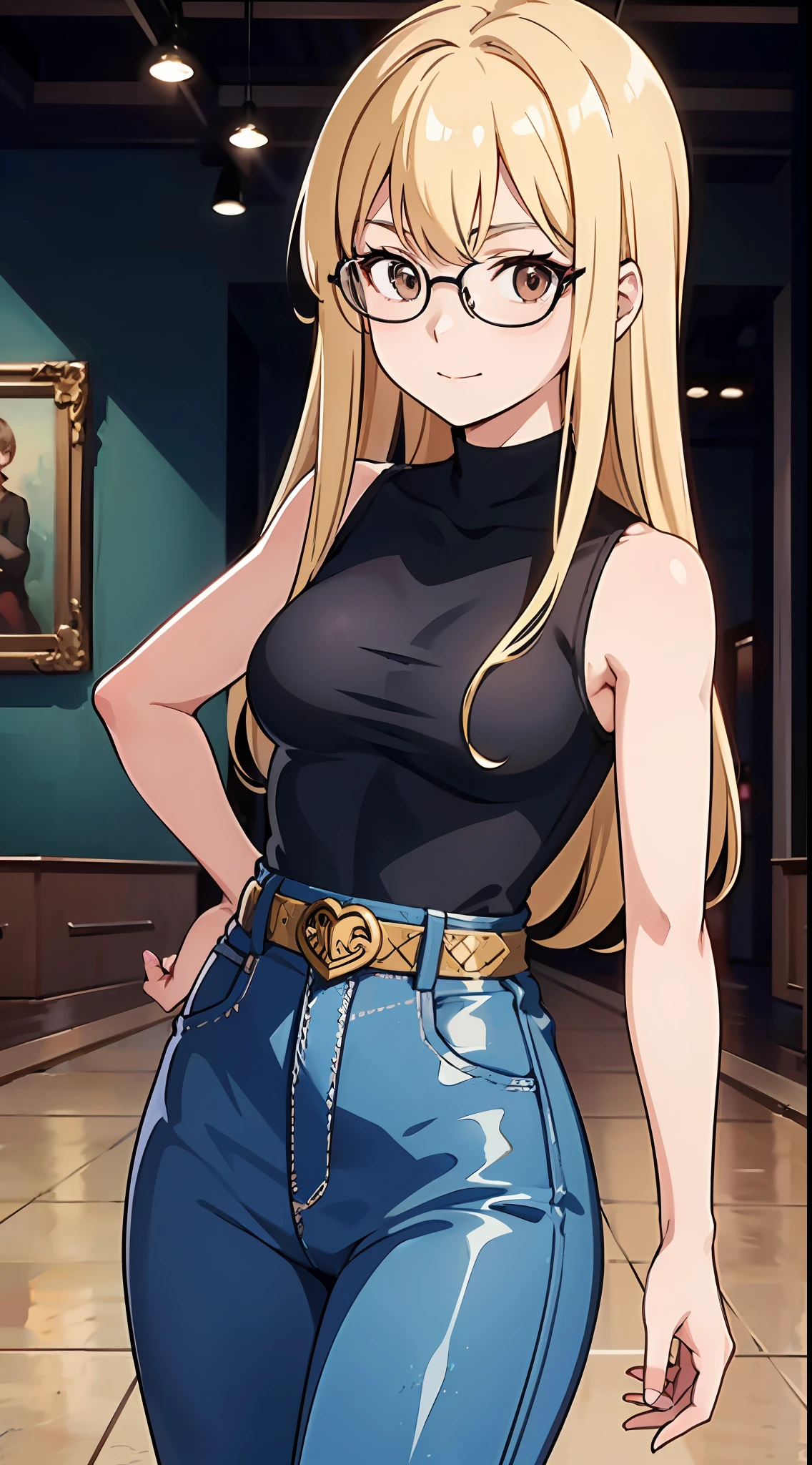 anime woman, stylishly dressed in a tight blue sleeveless dress with a waist belt, complemented by cyan wide leg jeans, and sporting long blond hair and glasses. She is medium chested and has brown eyes. She is calm and collective and has a confident expression on her face along with a soft smile. The scene takes place inside of a museum.