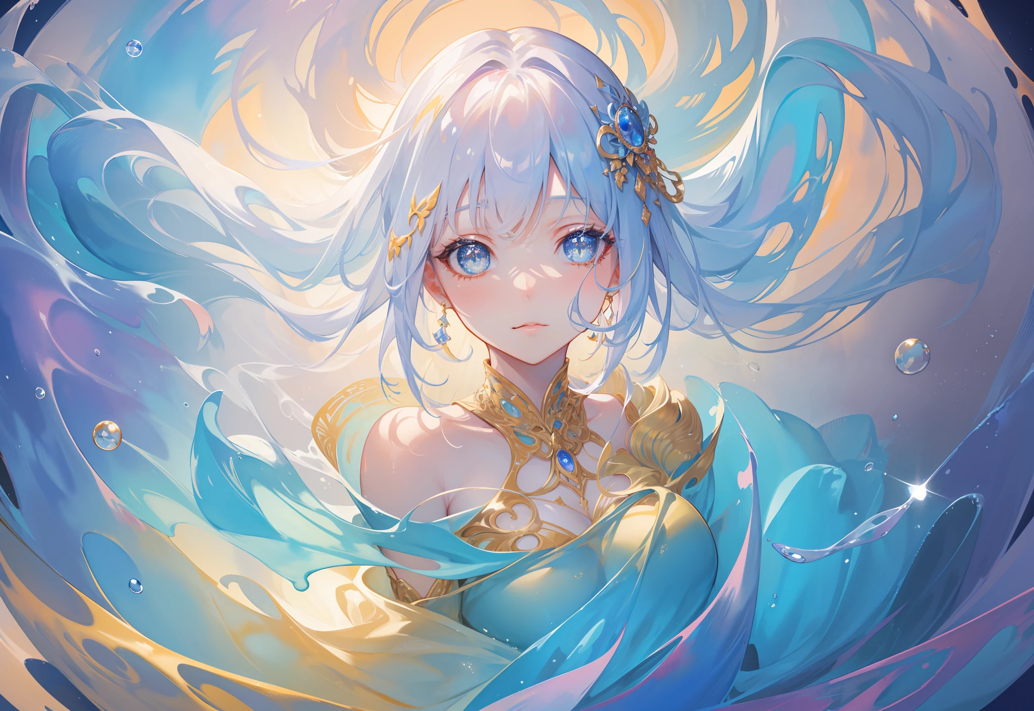 masterpiece, best quality, 8k resolution, sharp focus, intricate detail, beautiful girl, sparkling eyes, golden ratio face, otherworldly liquid, watercolor, pastel colors, bright colors, whimsical, colorful, sharp focus, high resolution, fine detail, liquid ballgown, ((round eyes))