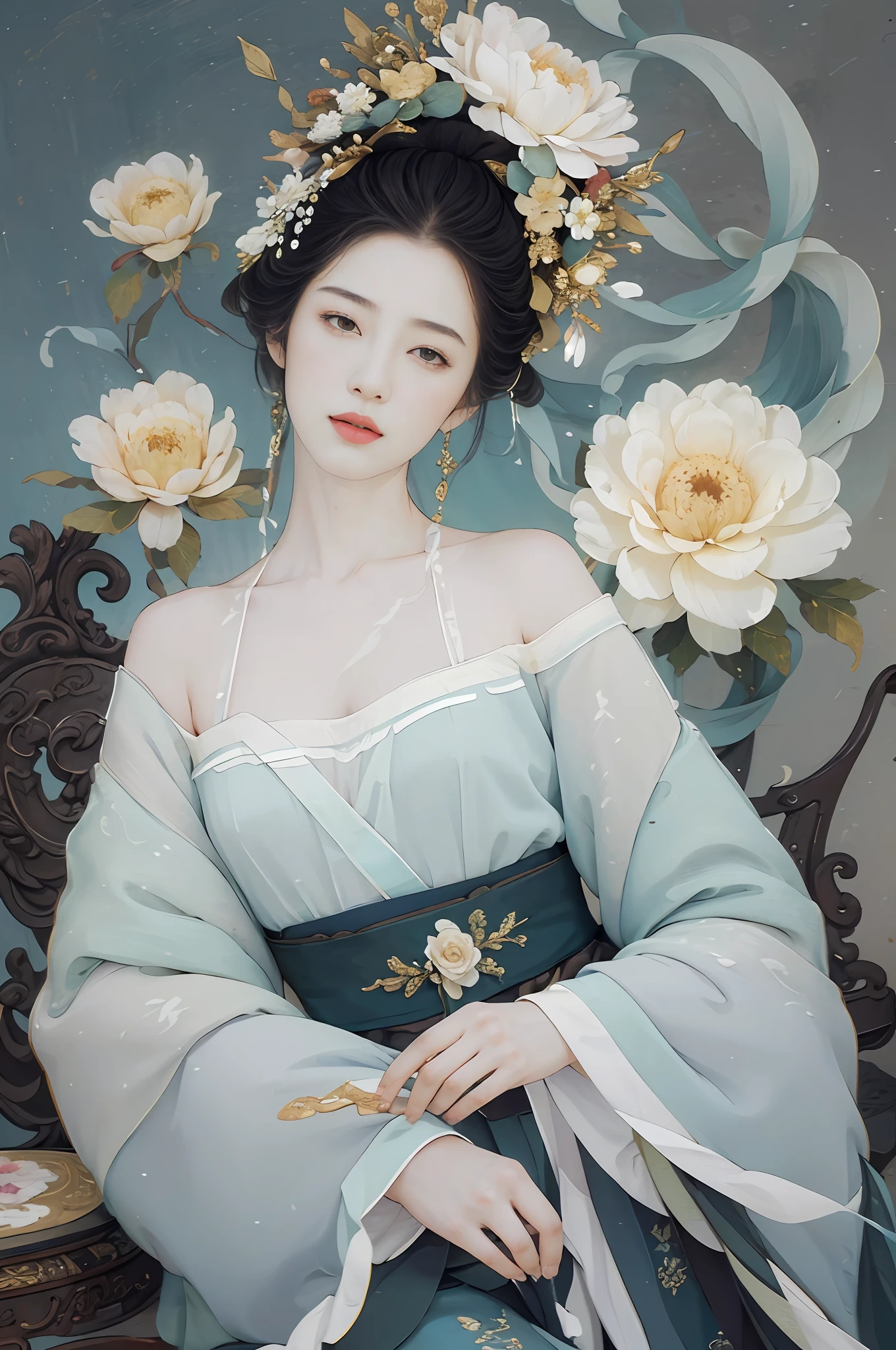 official art, Unity 8k wallpaper, super detailed, beautiful and beautiful, masterpiece, best quality, (realistic:1.4), (dynamic angle:1.4), elegant, bright colors, romanticism, Zhong Fenghua, 1 girl, lips slightly open, (flower twinkle: 1.5), (solo: 1.5), (see lens: 1.3), umbrella, (see through Hanfu: 1.3), (floret: 1.5), (plaster: 1.3), (flower: 1.3), (flower: 1.3), glowing skin, (Floating colorful flashes: 1) The most beautiful forms of chaos, (light background: 1.5), (traditional Chinese landscape painting background: 1.3), full body,