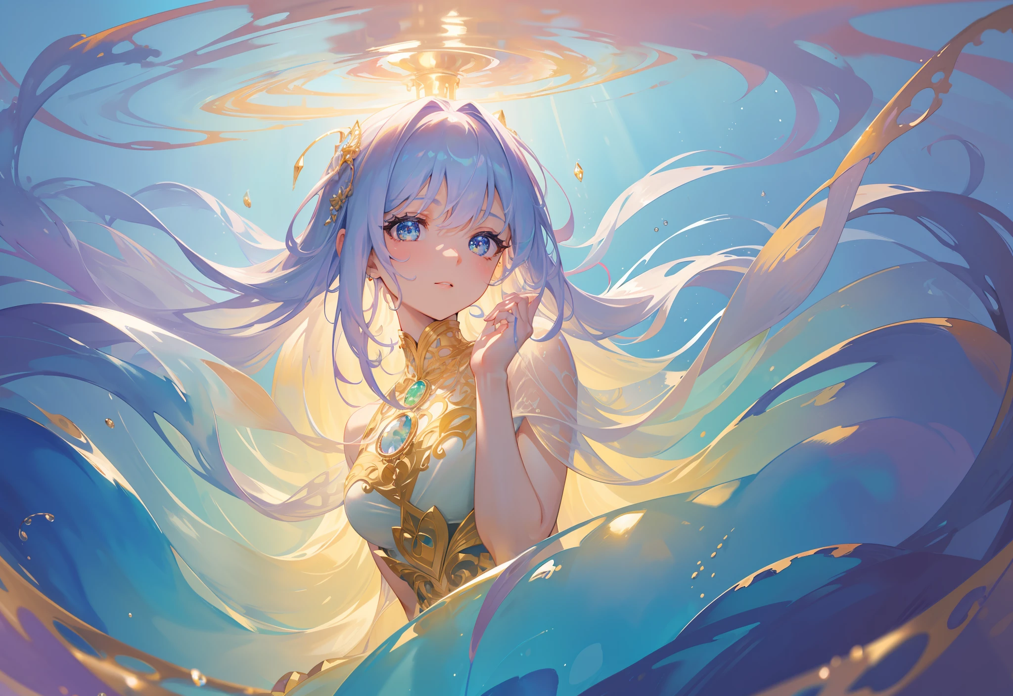 masterpiece, best quality, 8k resolution, sharp focus, intricate detail, beautiful girl, sparkling eyes, golden ratio face, otherworldly liquid, watercolor, pastel colors, bright colors, whimsical, colorful, sharp focus, high resolution, fine detail, liquid ballgown, ((round eyes))