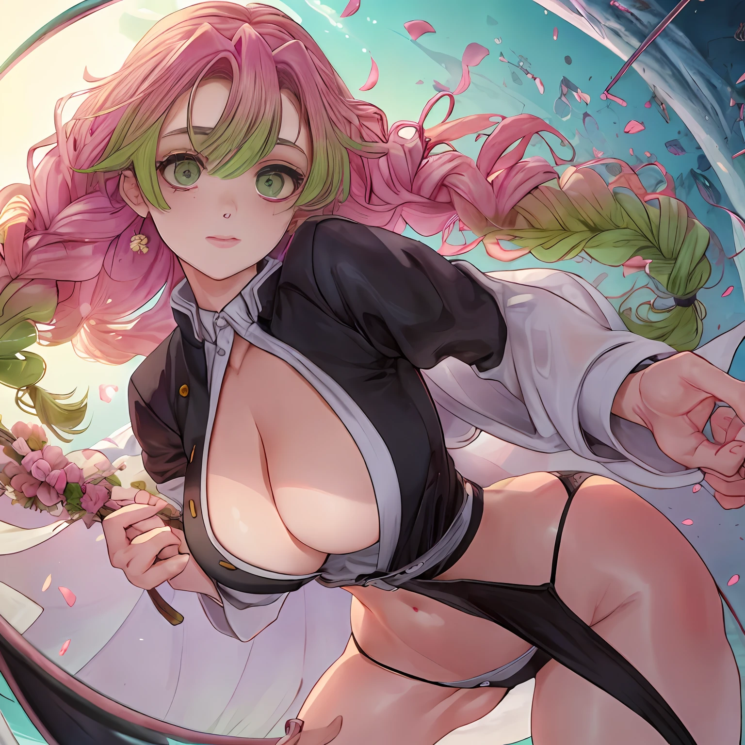 majo, (melhor qualidade, obra-prima, super detalhado: 1.5), perfect lighting,1 girl, onli 1 girl In the distance, corpo inteiro, foco no rosto, 1 girl, Mitsuri (Demon Slayer), bonita, Sympathetic face ((Mitsuri (Demon Slayer))), a girl with long pink-green gradient hair and green eyes, exposta, calcinha aparecendo, bunda empinada, bunda pro alto, ((( bunda aparecendo)))