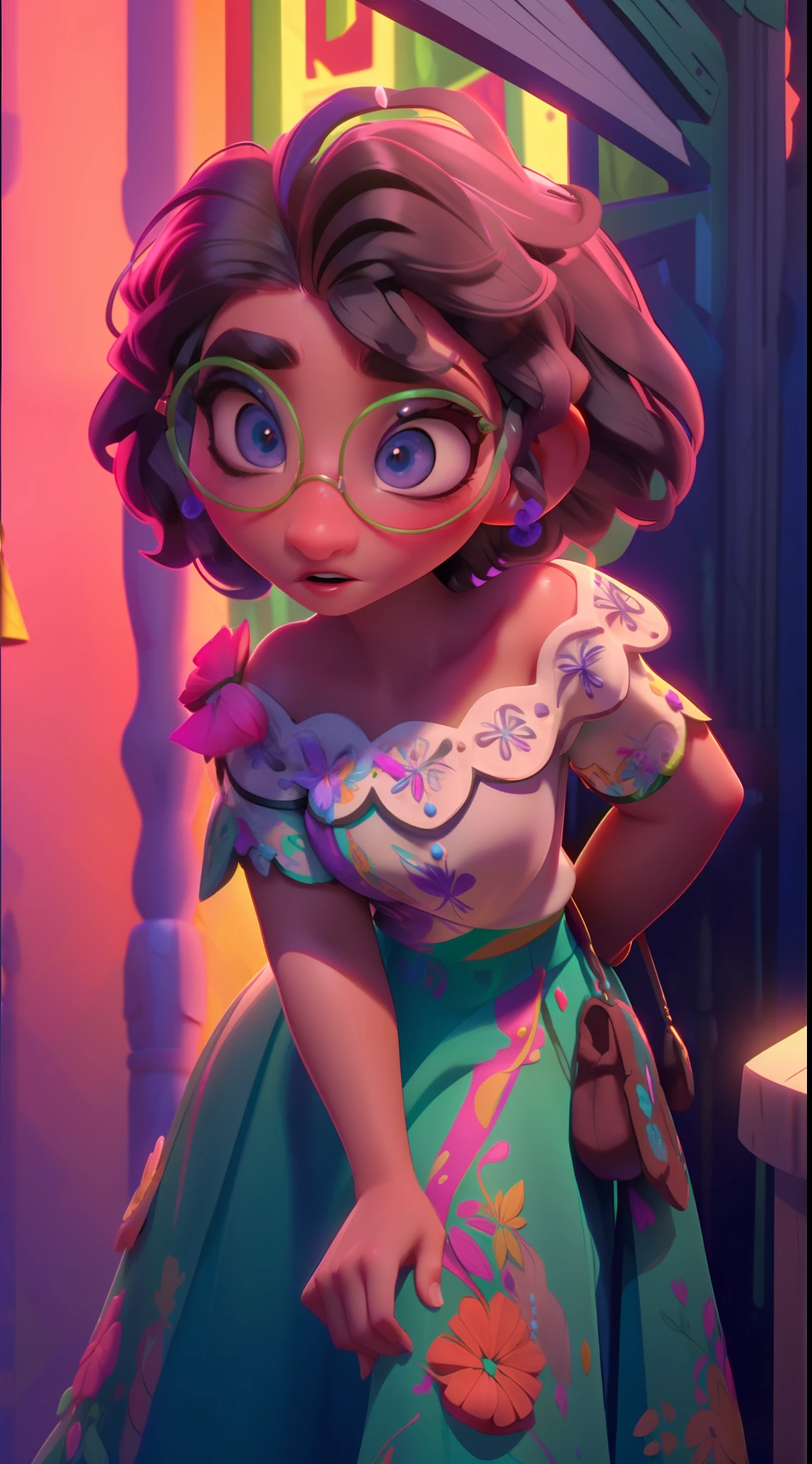 Elsa-Mirabel Fusion, Mesclando modelos, Roupas da Mirabel, Oculos da Mirabel, melting, 1girl, Beautiful, Character, Woman, Female, (master part:1.2), (melhor qualidade:1.2), (Solo:1.2), ((pose de luta)), ((campo de batalha)), cinemactic, olhos perfeitos, pele perfeita, perfect lighting, sorrir, luz, cor, pele texturizada, detalhe, Beleza, maravilha, ultra-detalhado, rosto perfeito
