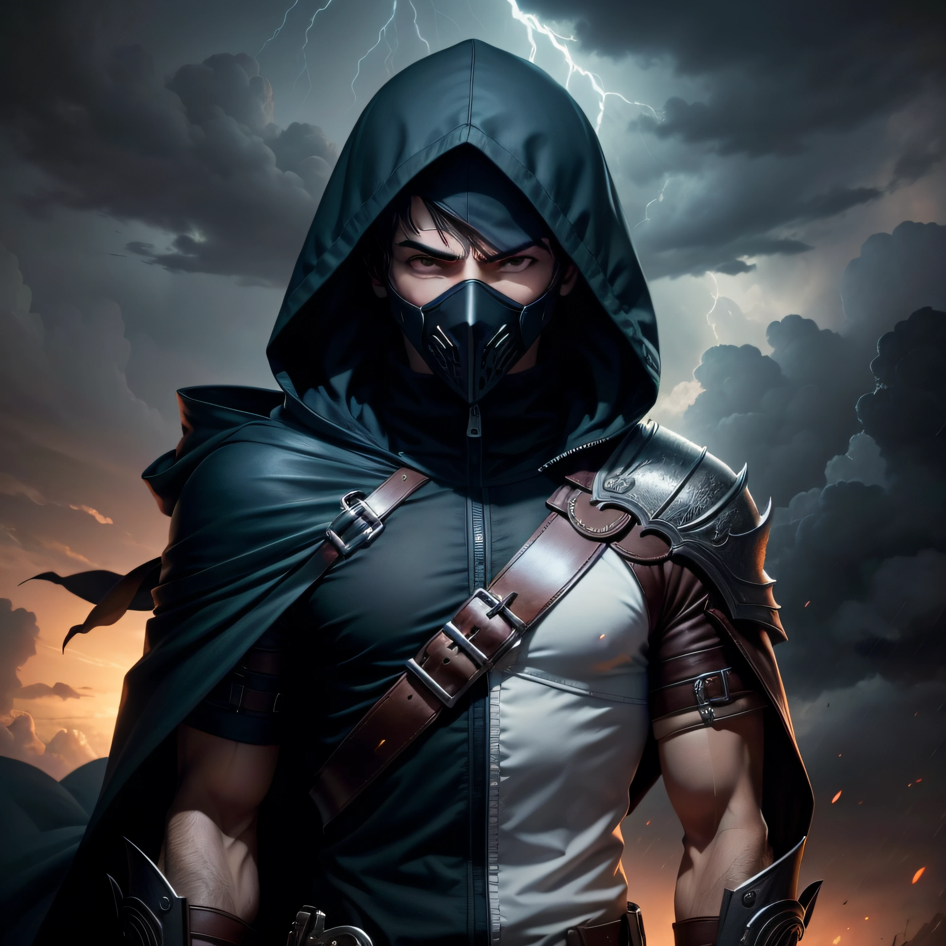 Male character with hood and mask in front of a storm