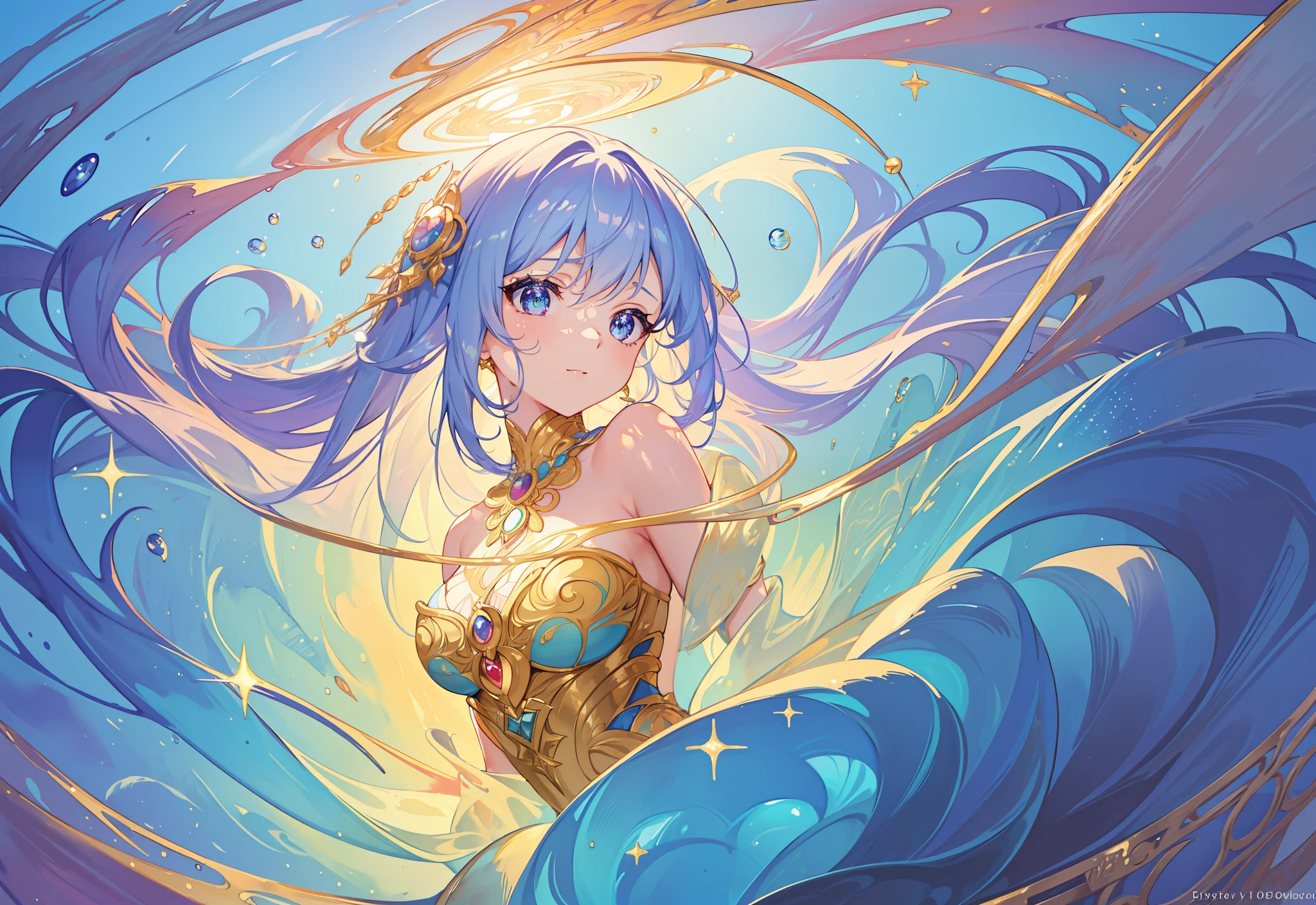 masterpiece, best quality, 8k resolution, sharp focus, intricate detail, beautiful girl, sparkling eyes, golden ratio face, otherworldly liquid, watercolor, pastel colors, bright colors, whimsical, colorful, sharp focus, high resolution, fine detail, liquid ballgown, ((round eyes))