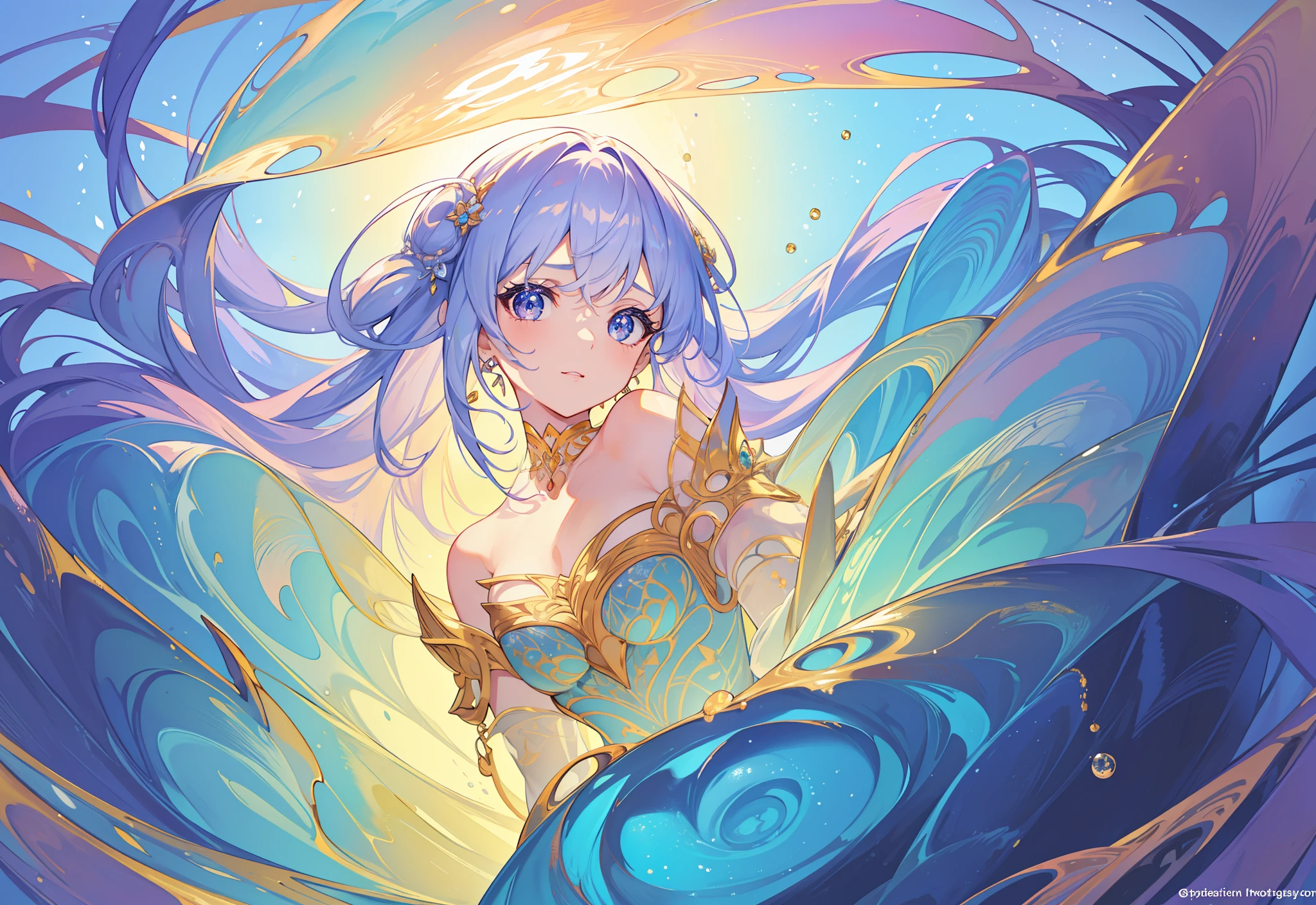 masterpiece, best quality, 8k resolution, sharp focus, intricate detail, beautiful girl, sparkling eyes, golden ratio face, otherworldly liquid, watercolor, pastel colors, bright colors, whimsical, colorful, sharp focus, high resolution, fine detail, liquid ballgown, ((round eyes))