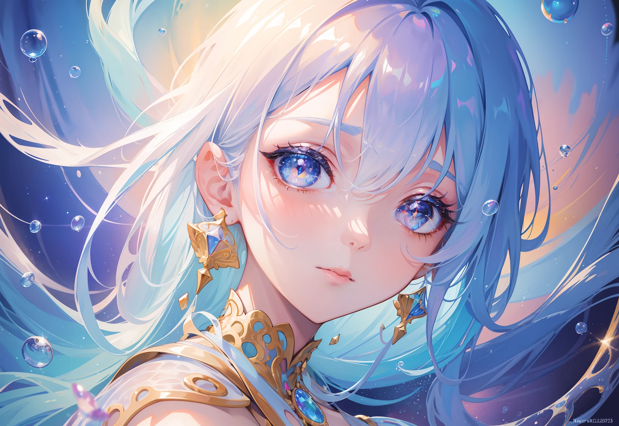 masterpiece, best quality, 8k resolution, sharp focus, intricate detail, beautiful girl, sparkling eyes, golden ratio face, otherworldly liquid, watercolor, pastel colors, bright colors, whimsical, colorful, sharp focus, high resolution, fine detail, liquid ballgown, ((round eyes)), iridescent bubbles