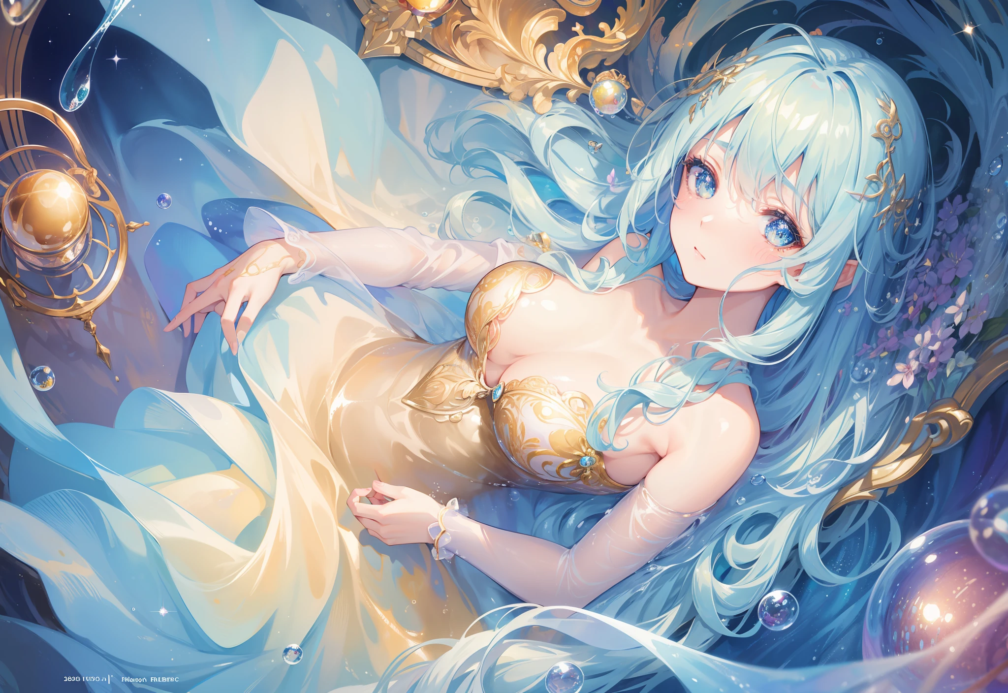 masterpiece, best quality, 8k resolution, sharp focus, intricate detail, beautiful girl, sparkling eyes, golden ratio face, otherworldly liquid, watercolor, pastel colors, bright colors, whimsical, colorful, sharp focus, high resolution, fine detail, liquid ballgown, ((round eyes)), iridescent bubbles