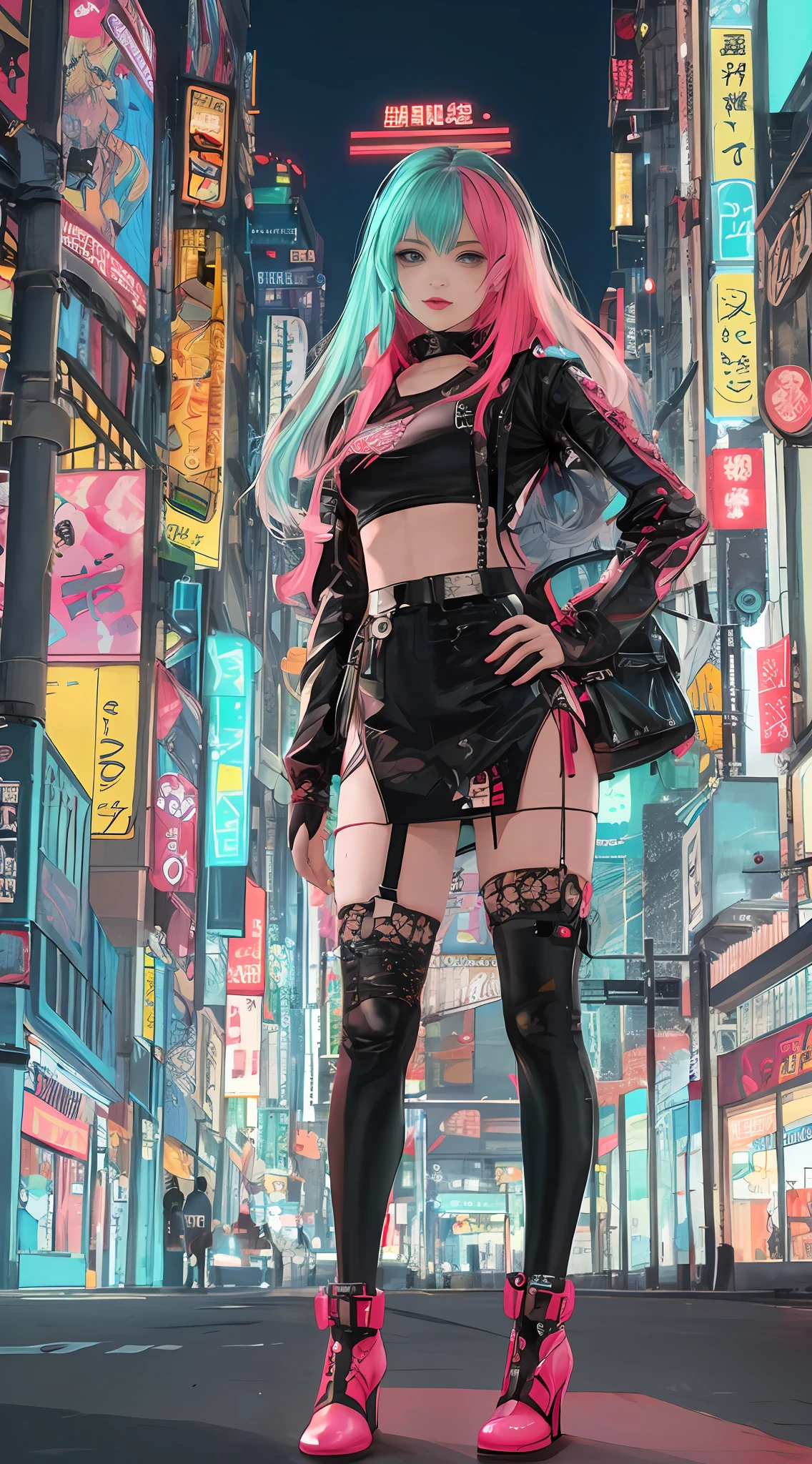 masterpiece, best quality, 1 cyberpunk girl, full body shot, looking at viewer, Confident cyberpunk girl with sassy expression, Harajuku-inspired pop outfit, bold colors and patterns, eye-catching accessories, trendy and innovative hairstyle, vibrant makeup, Cyberpunk dazzling cityscape, skyscrapers, neon signs, LED lights, bright and vivid color scheme, anime, illustration, detailed skin texture, detailed cloth texture, beautiful detailed face, intricate details, ultra detailed.