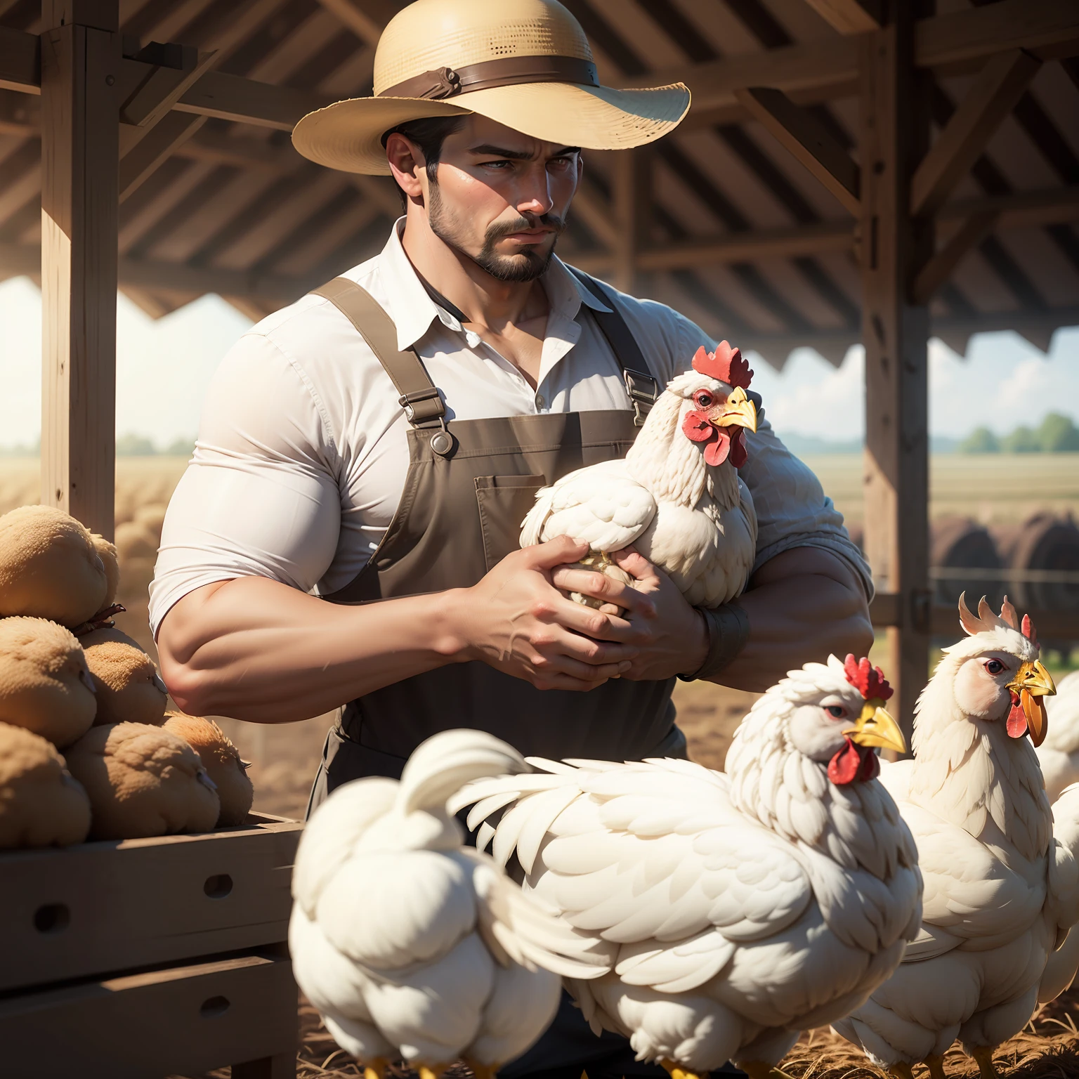 A strong farmer with chicken