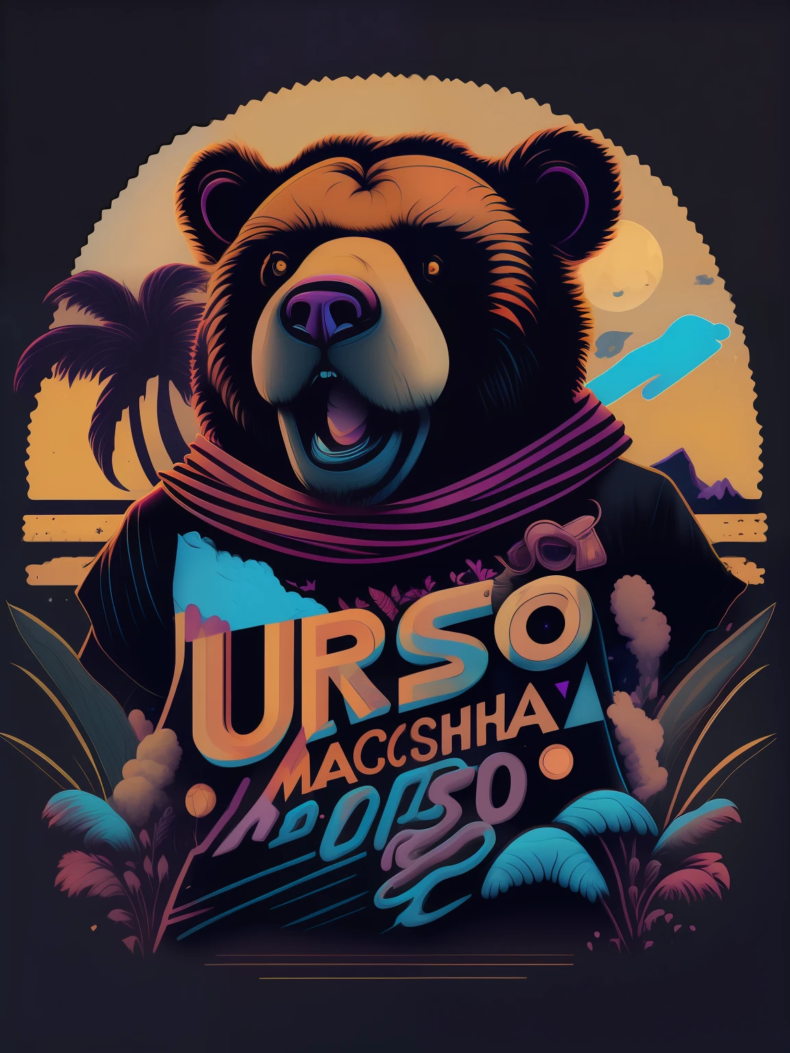 Urso, maconha, anos 80 imagem vetorial, design de camiseta, isolado, fundo preto, Illustration: orange, blue and purple only