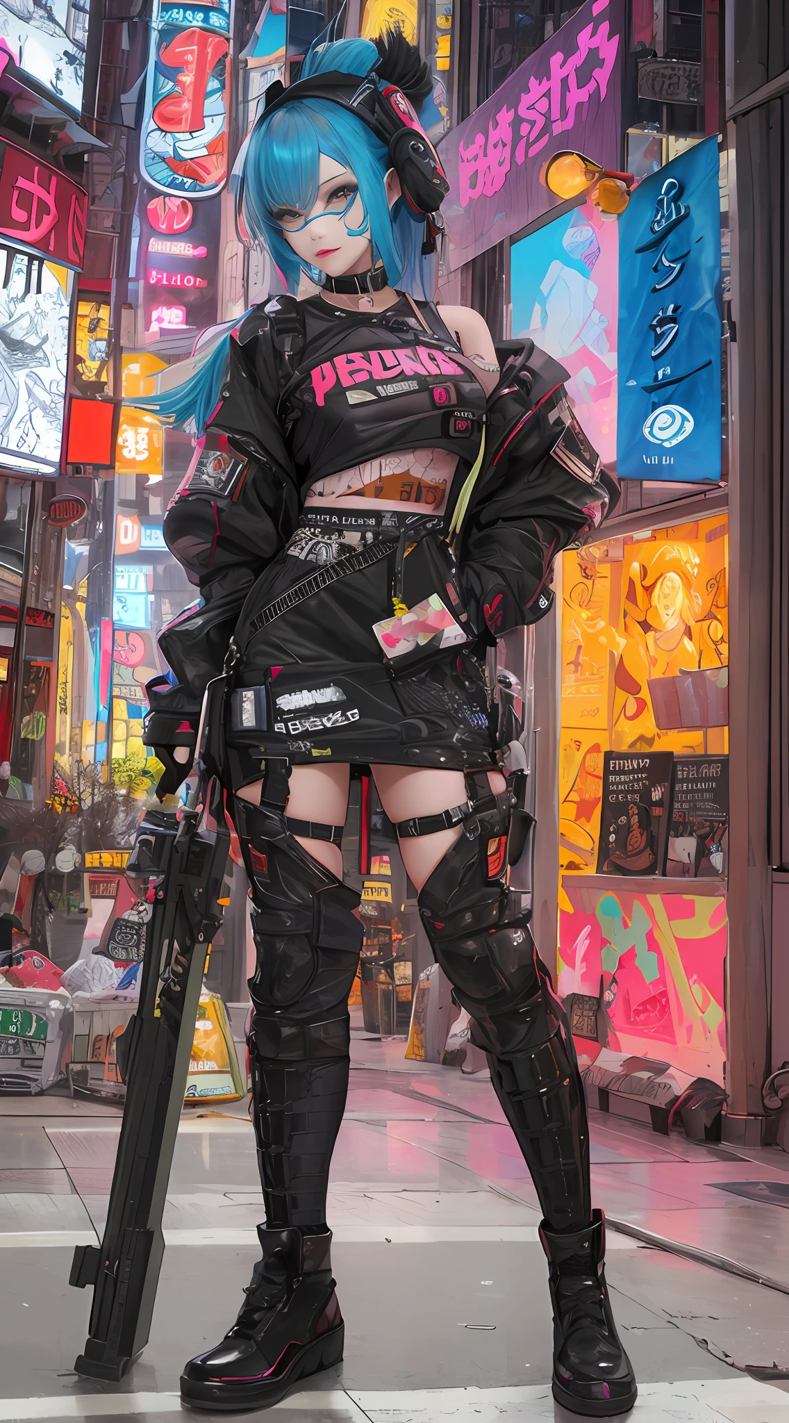 masterpiece, best quality, 1 cyberpunk girl, full body shot, looking at viewer, Confident cyberpunk girl with sassy expression, Harajuku-inspired pop outfit, bold colors and patterns, eye-catching accessories, trendy and innovative hairstyle, vibrant makeup, Cyberpunk dazzling cityscape, skyscrapers, neon signs, LED lights, bright and vivid color scheme, anime, illustration, detailed skin texture, detailed cloth texture, beautiful detailed face, intricate details, ultra detailed.