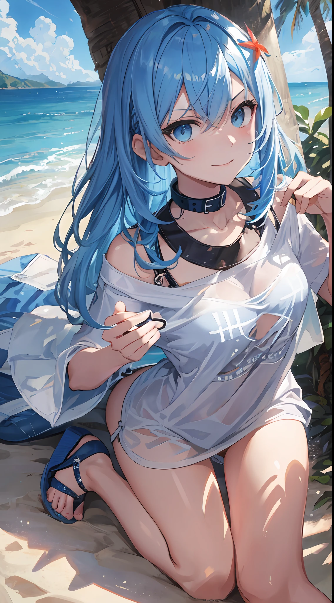 (NSFW:1.2), (8K, Raw photography, Top image quality, tmasterpiece: 1.4), super highly detailed, (realisitic, photoreallistic: 1.48), 1girl in, Solo Focus, type moon style, Kyoto Animation Style, short-length hair, (blue hairs:1.7), Blunt bangs, Hair Between Eyes, Clear eyes, side locks, White hair, Shiny hair, beautiful detailed cold face, Seductive smile, angry, complex details beautiful and delicate eyes, bare_shoulders, Small_Breasts, Gray eyes, White skin, Hair Ornament, (((T-shirt))), swim ring, swimsuit, beautiful bare back, Sandals, Skindentation, collar bone, bare_Legs, beach, Beautiful detailed sky, White sand, tree, very precise details, absurdist, Extremely detailed, 16k wallpaper,remrezero