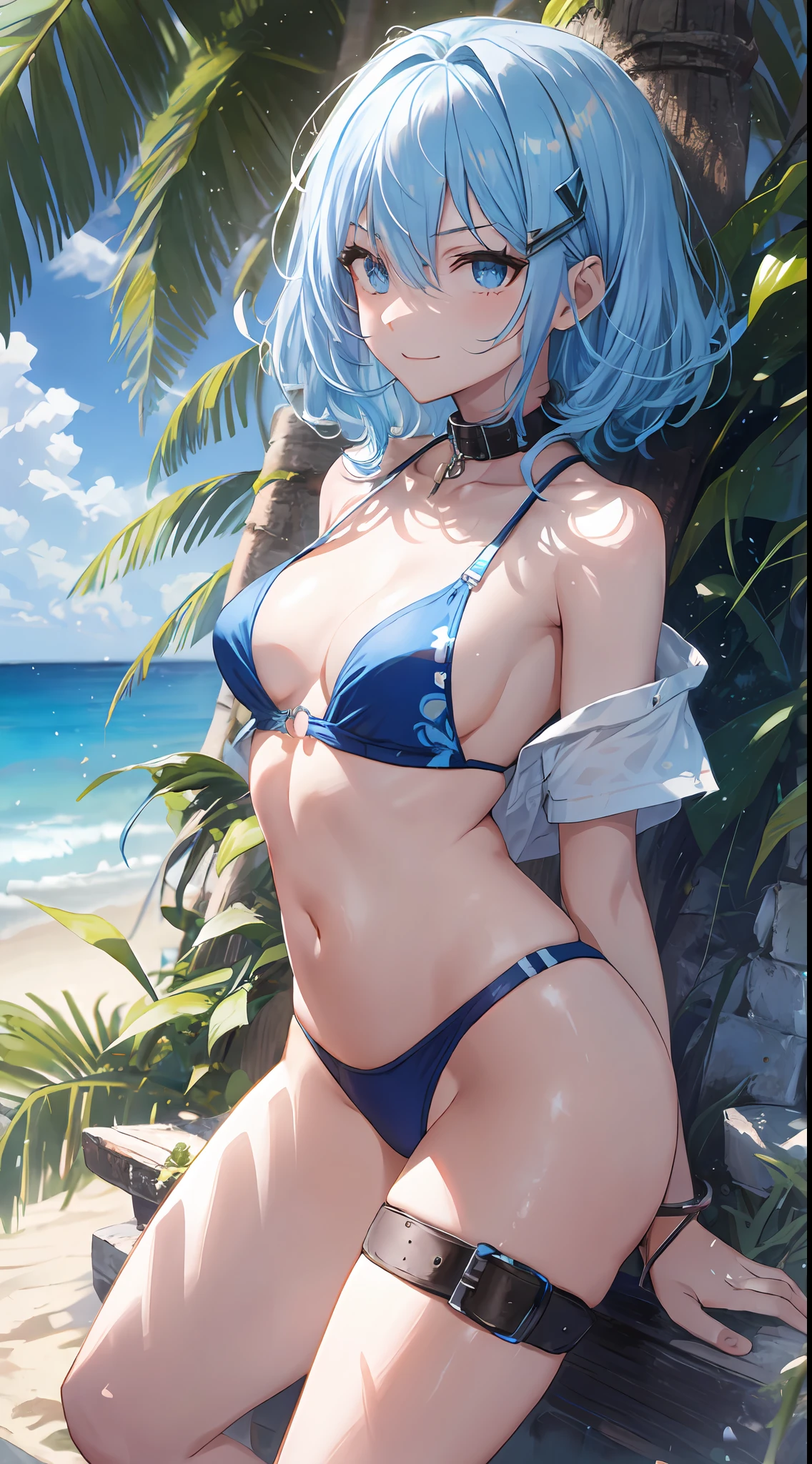 (NSFW:1.2), (8K, Raw photography, Top image quality, tmasterpiece: 1.4), super highly detailed, (realisitic, photoreallistic: 1.48), 1girl in, Solo Focus, type moon style, Kyoto Animation Style, short-length hair, (blue hairs:1.7), Blunt bangs, Hair Between Eyes, Clear eyes, side locks, White hair, Shiny hair, beautiful detailed cold face, Seductive smile, angry, complex details beautiful and delicate eyes, bare_shoulders, Small_Breasts, Gray eyes, White skin, Hair Ornament, (((T-shirt))), swim ring, swimsuit, beautiful bare back, Sandals, Skindentation, collar bone, bare_Legs, beach, Beautiful detailed sky, White sand, tree, very precise details, absurdist, Extremely detailed, 16k wallpaper,remrezero