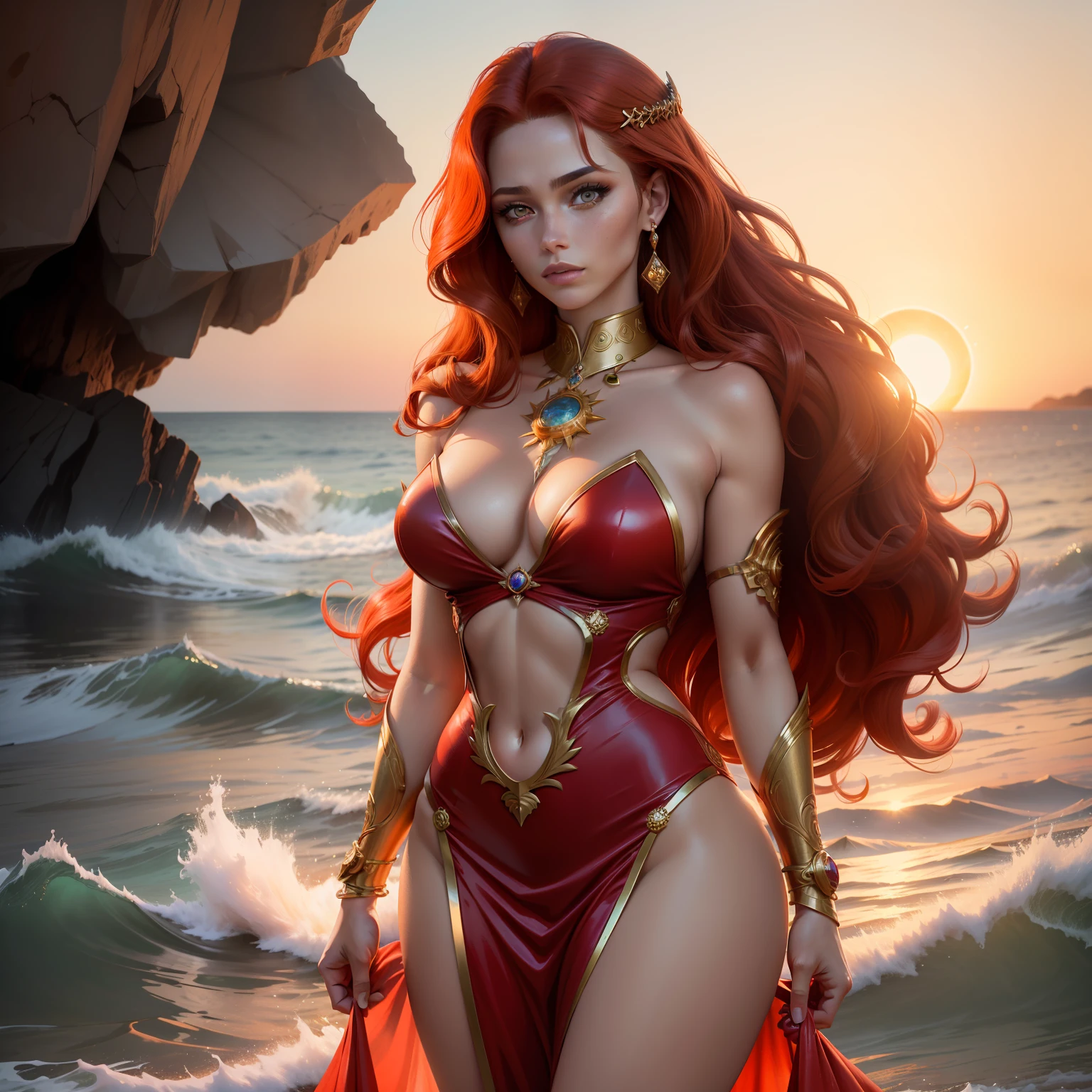( Absurd , High quality , ultra detailed to hand ) ( careful hand ) Zodiac sign- Aries goddess , similar to latin goodness , Brave ,willful ,productive ,enterprising and humanitarian face . sunset reddish hair , transparent dress , in the ocean with sun , whole body , crystal fire eyes ( eye detailed ) . strong powerful look .