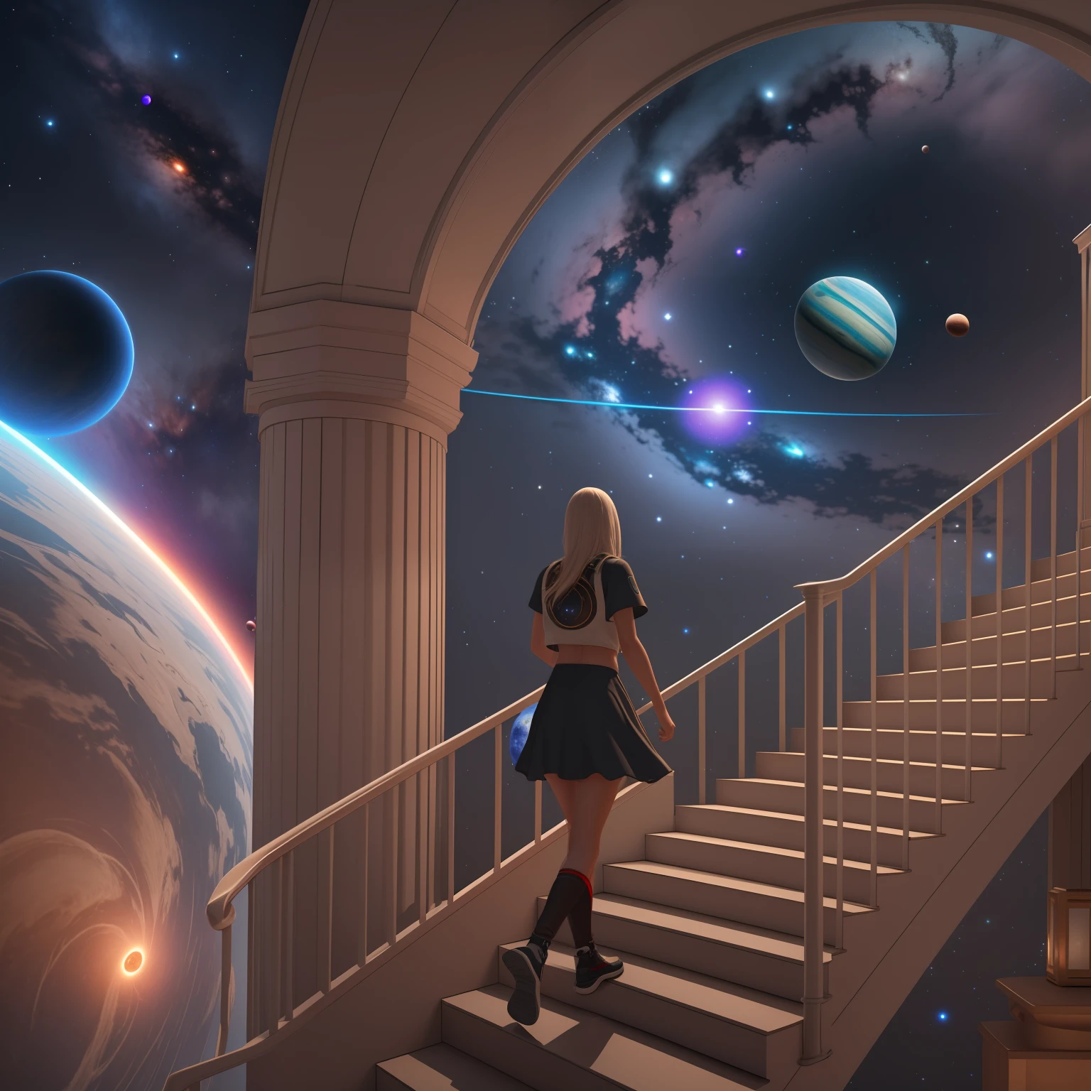 A girl walking on the white straight stair sits in the middle of the universe, linking two planets, Stars are flashing on the back, and 8k resolution trending on Artstation Unreal Engine 5