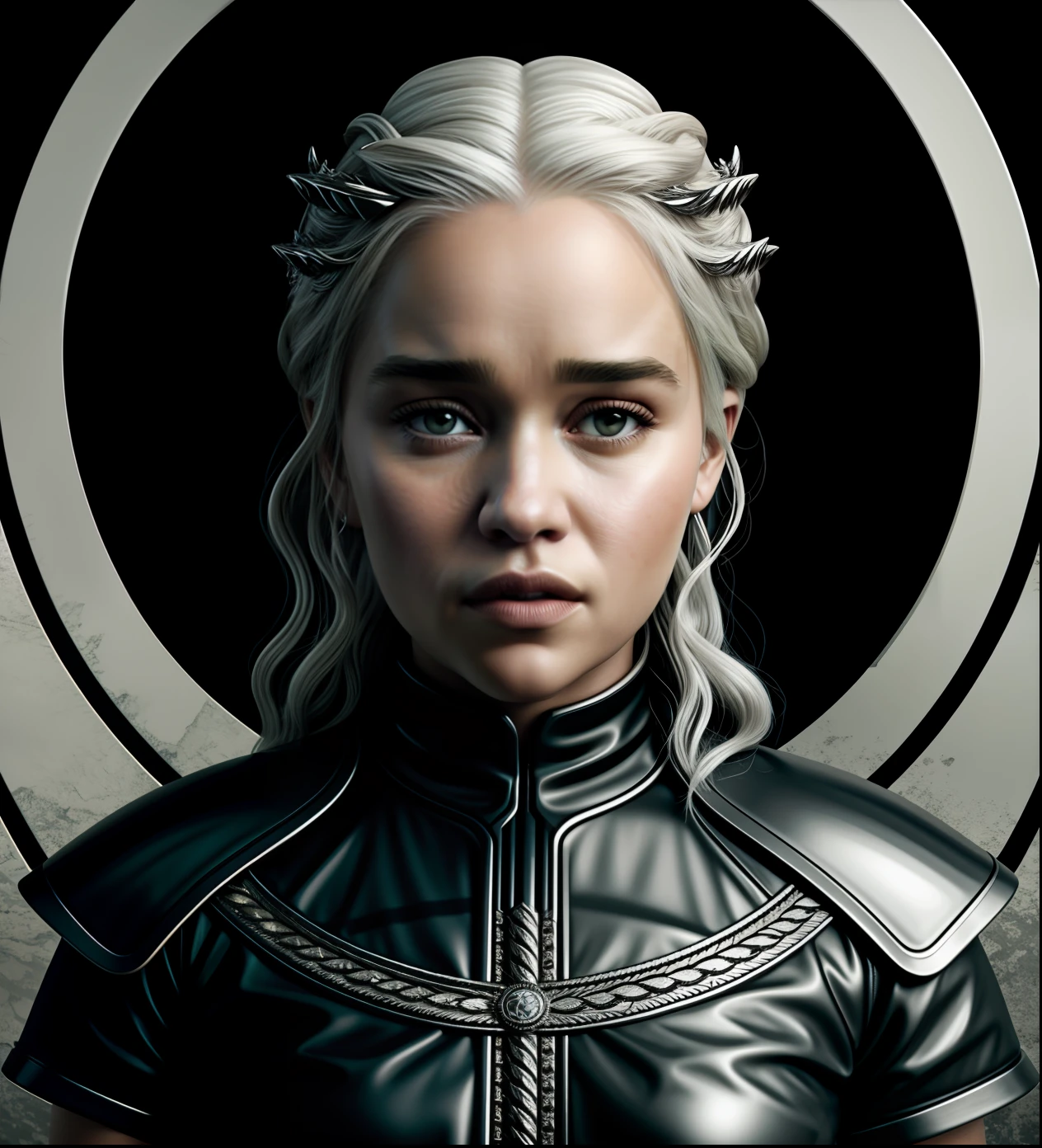 t-shirt design, 3D illustration, centered art, trono de ferro background, Photorealism, face of Emilia Clarke Atriz britânica White hair de Game of Thrones, gothic colors, mood of tension and terror, Adobe Illustration, Trending on Artstation, 8K, hd, masterpiece, gorgeous art, intricate details , Photorealism