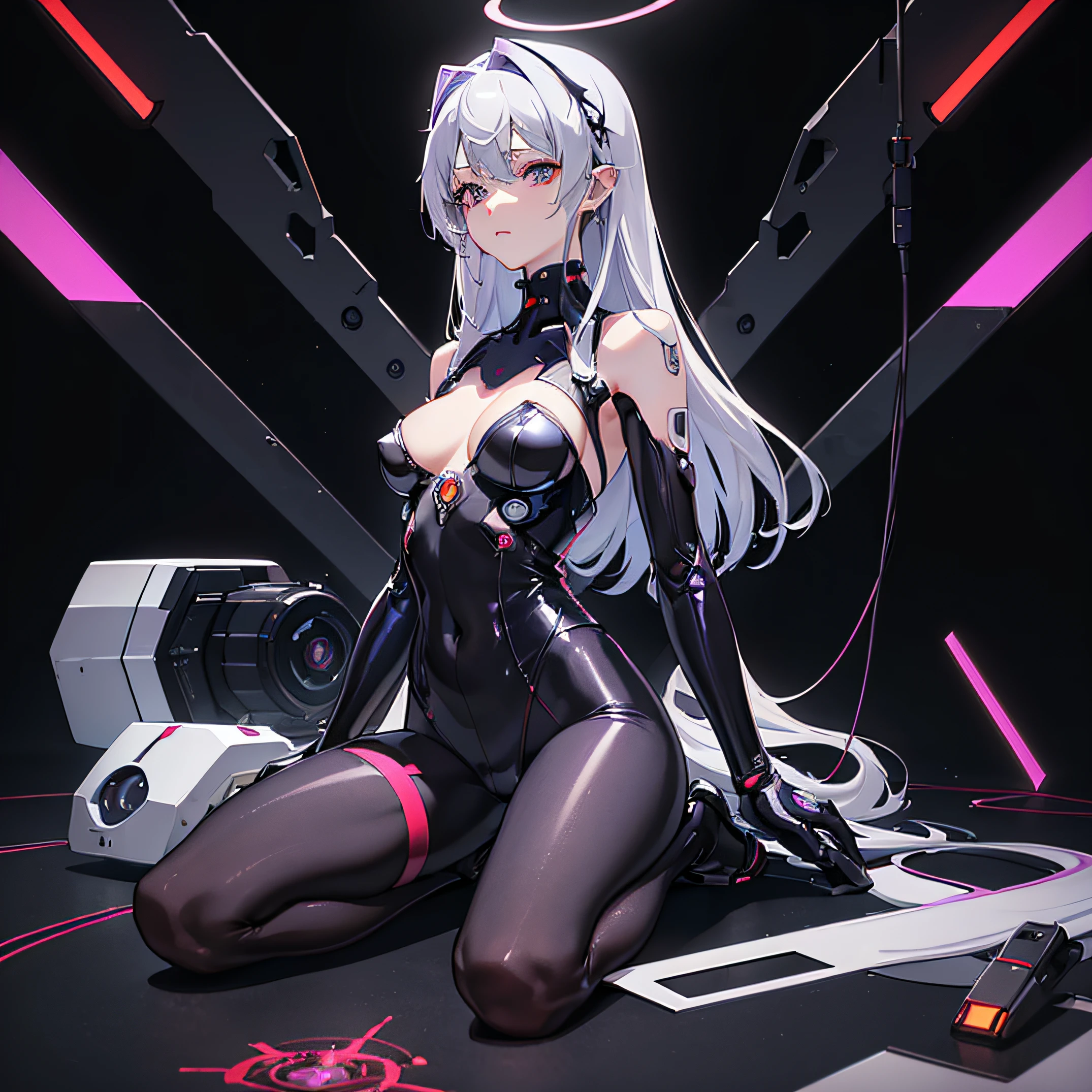 realisitic、tits out、Cyberpunk、cleavage of the breast、Beautifully shaped breasts、Raw feet、Cyber City、natta、nightcity、look up sky、Look up、Take your eyes off、Don't look at the camera、((top-quality)), ((masterpiece)), (high-detail:1.3), 3D, Beautiful fece、mechanical suit、Near Future Cyber Suit、Red Black Cyber Suit、Red-Black Robot Costume、Right arm is mechanical、Right-arm robot、Silvery hair、Silver-haired shortcut、eye glasses、Straddling a robot chair, (((masutepiece)))), (((Highest Quality)))), ((Ultra Definition)), (Very Detailed Photoreality), (Delicate and Pretty Face), Cinematic Light, (((1 Machine Girl)), Solo, Full body, Big, Cleavage Is Visible Skin, White hair, Purple eyes, Luminous Eyes, (Mechanical joint: 1.4), (blood vessels connected to tubes), (( Mechanical vertebrae attached to the back)), ((Mechanical cervical spine) Attached to the neck)), (((Sitting)), (Wires and cables attached to the head and body: 1.5), (Character Focus), Small LED lamps on the body, Evangelion, nffsw, Metallic body, Detailed neon, Alaf woman in tight shorts and tight stockings walking down the street, in a street, pantyhose tights, hotpants, tights, tights, Wearing tight simple clothes, Slim legs, denim hot-pants, Hot Pants,