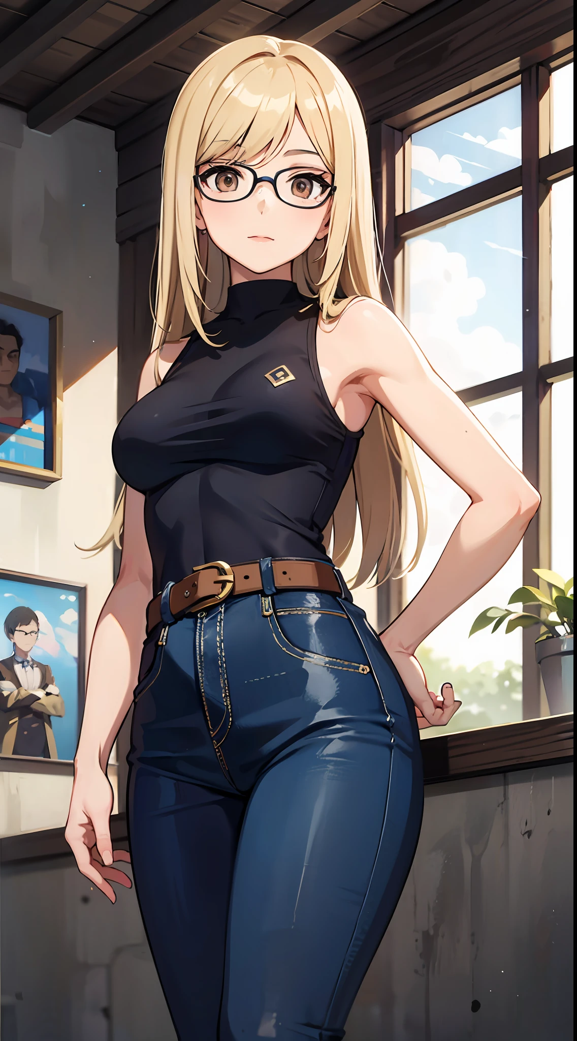 anime woman, stylishly dressed in a tight blue sleeveless dress with a waist belt, complemented by cyan wide leg jeans, and sporting long blond hair and glasses. She is medium chested and has brown eyes. She is calm and collective and has a confident expression on her face along with a soft smile while doing a feminine pose. The scene takes place inside of a museum.