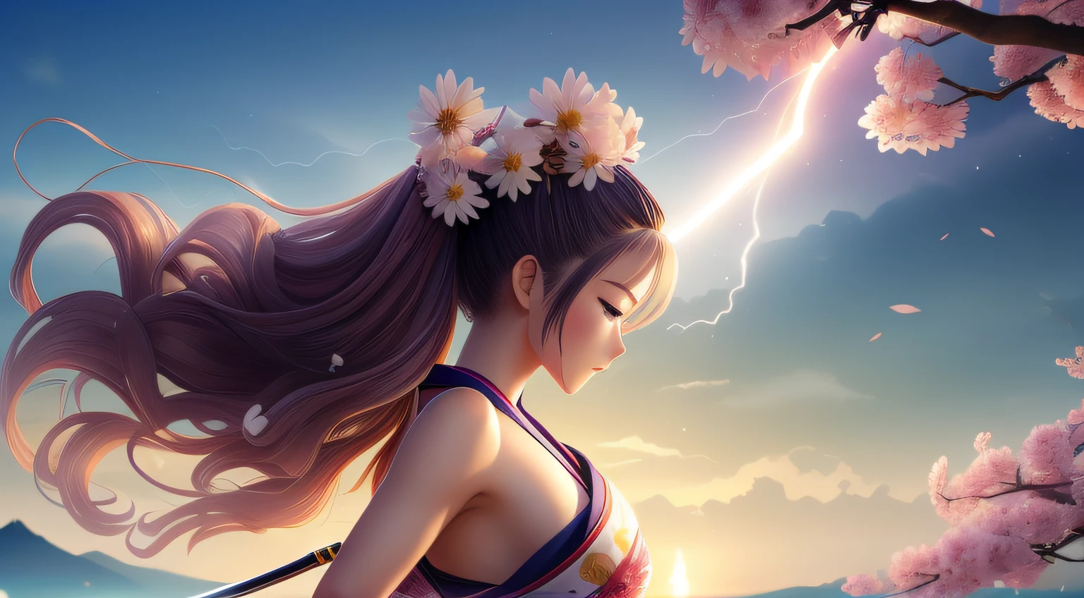 cute poses, samurai girl with katana sword, long curly lot of hair, many flowers on the head, japanese hot kimono dress, island background, sun lightning, sun shadow, Realistic, beautiful, natural lightning, 8k, illustrator, masterpiece, high quality, 8k, high resolution, high detailed, high detailed body, hole body,