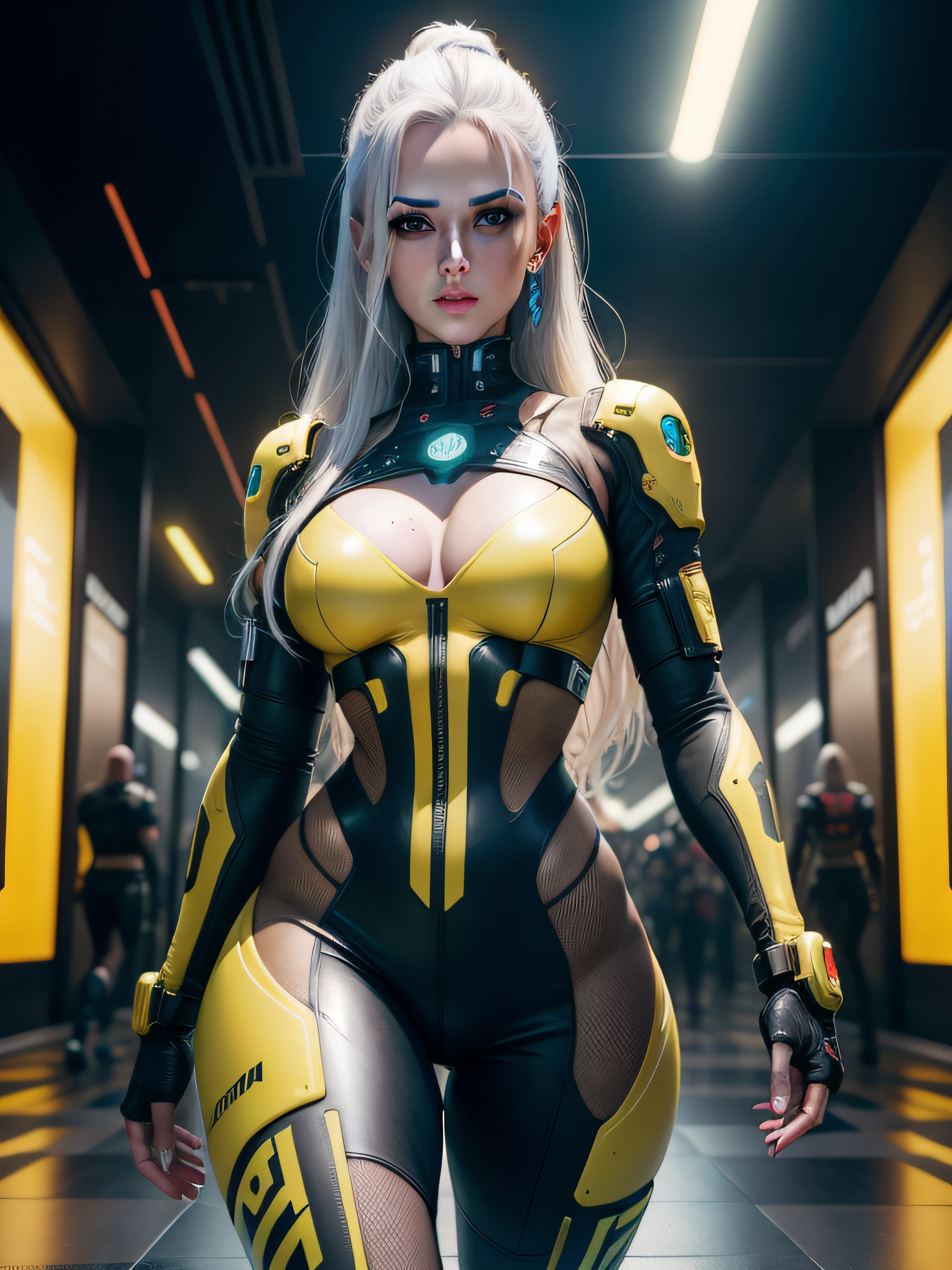 cyberpunk 2077, fundo amarelo, 1 mulher, como uma Eva Green,rosto detalhado, olhos detalhados, musculatura correta, anatomia correta, thirds rule, proportion Aurea,  white latex, translucido, microchips, eletronicas, Cabos, cyber implants, high resolution better rendering, cinematic lighthing, 8k, papel de parede 8k