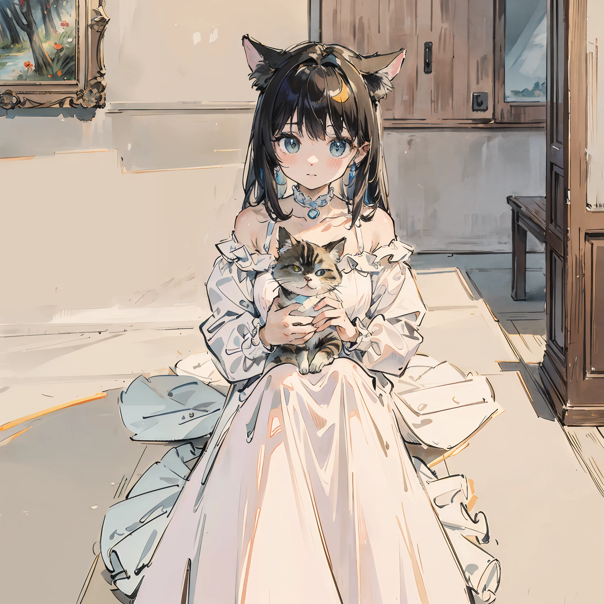 top-quality、masterpiece、White Dress、Take a cute cat、