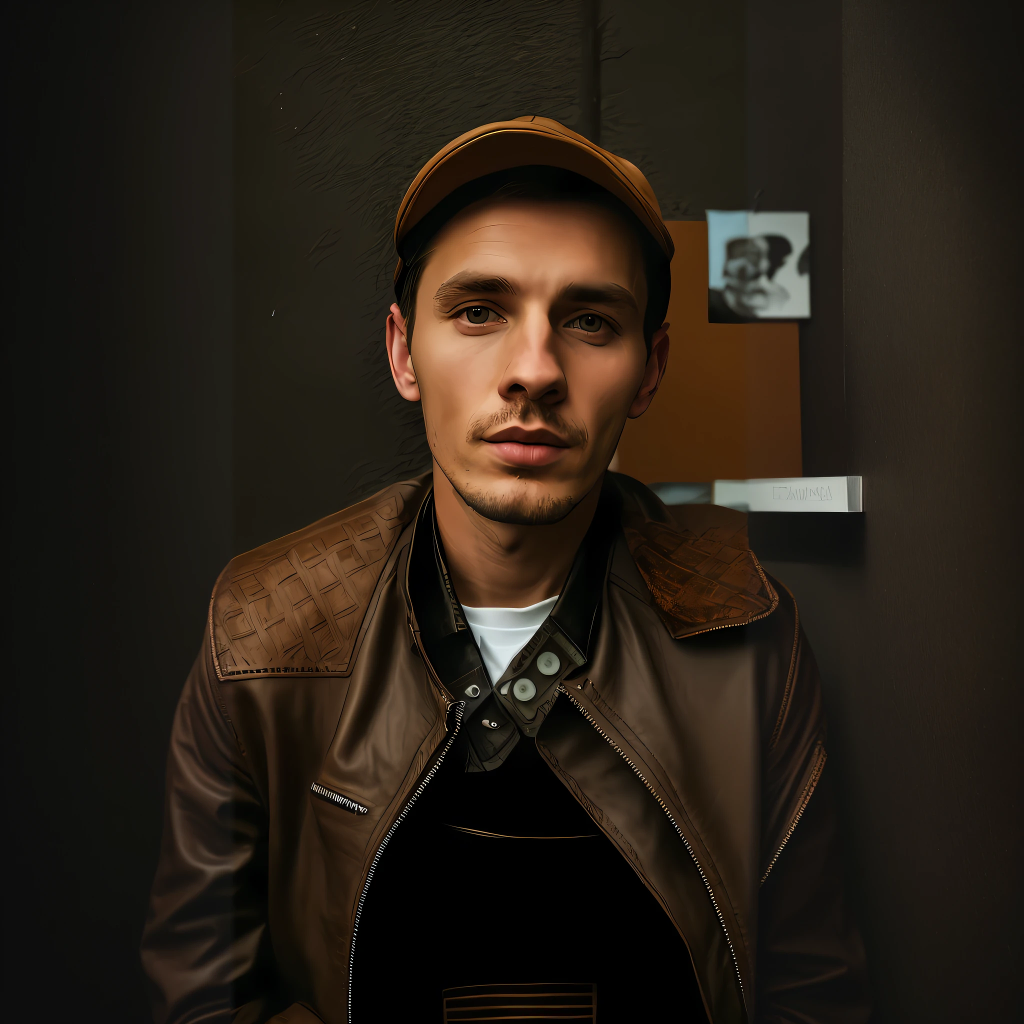 Man in brown leather jacket and hat posing for a photo, retrato de alta qualidade, estilo hiper realista, Estilo de Marcin Blaszczak, hyperrealism artstyle, pintado digitalmente, pintura digital fotorrealista, vestindo jaqueta de couro marrom, jaqueta marrom, Inspirado em Mads Berg, inspired by Mihály Zichy, num estilo de hiper-realismo