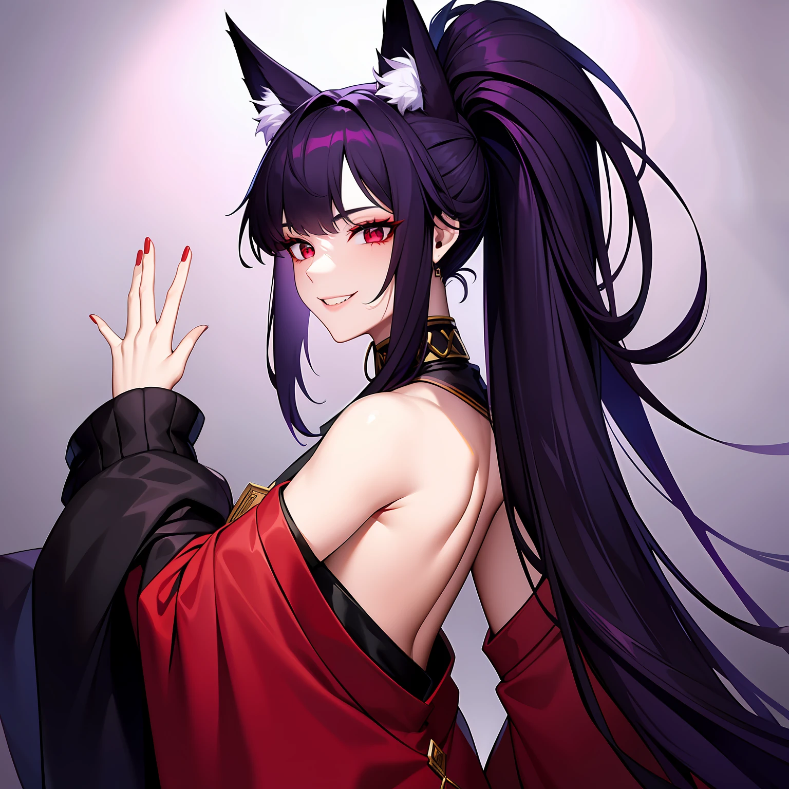 Young guy, pretty facial features, long dark purple hair, half gathered in messy ponytail, half loose, dangerous bright red eyes, black fit clothes with many jewels, fox ears and tail, mad smile