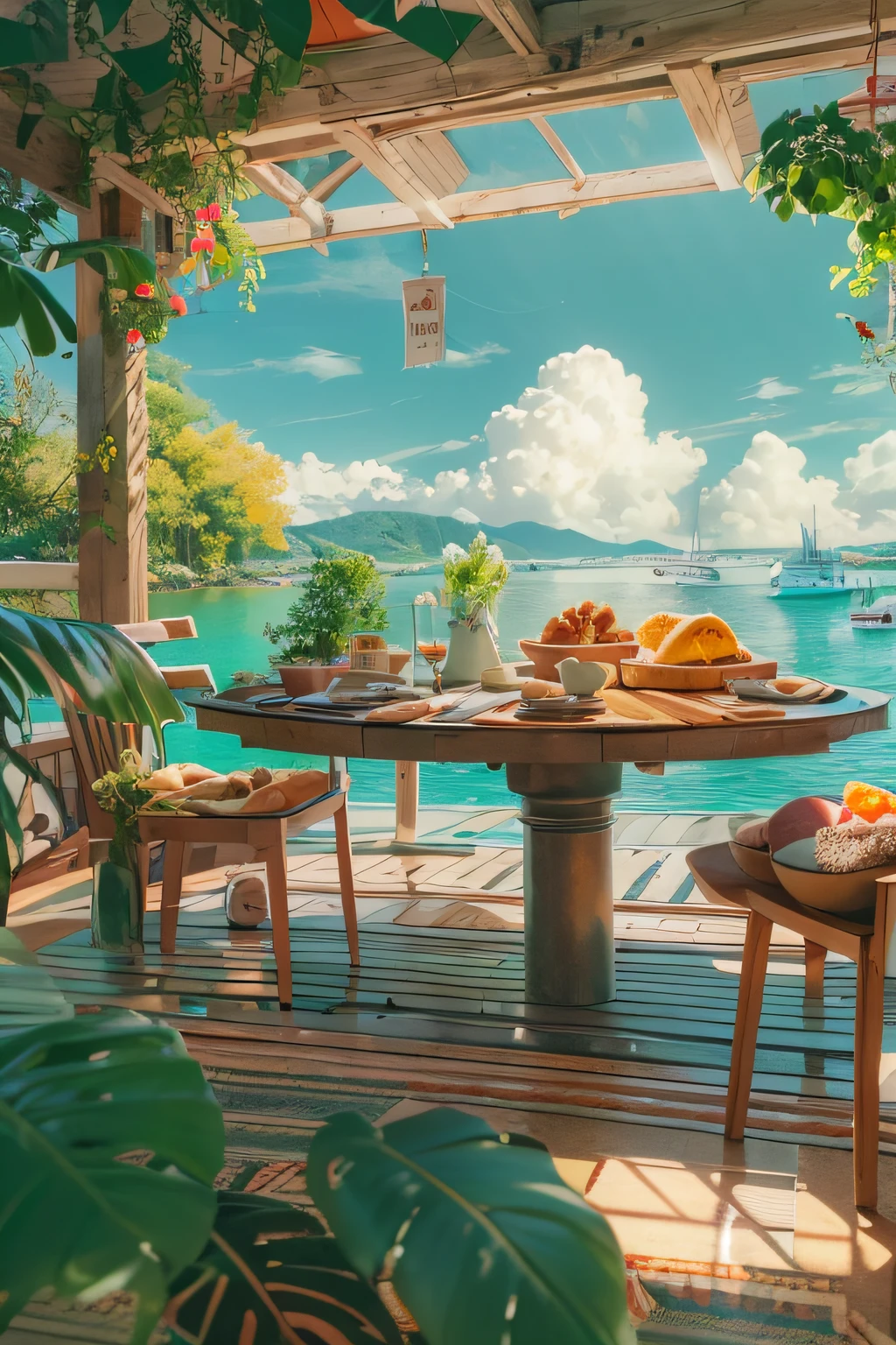 Realistic, real life, beautiful breakfast table by the water with background by greg rutkowski, style of laurie greasley, studio ghibli, akira toriyama, james gilleard, genshin impact, trending pixiv fanbox, acrylic palette knife, 4k, (vibrant colors), (bright color contrast), (highly saturated), devinart, trending on artstation