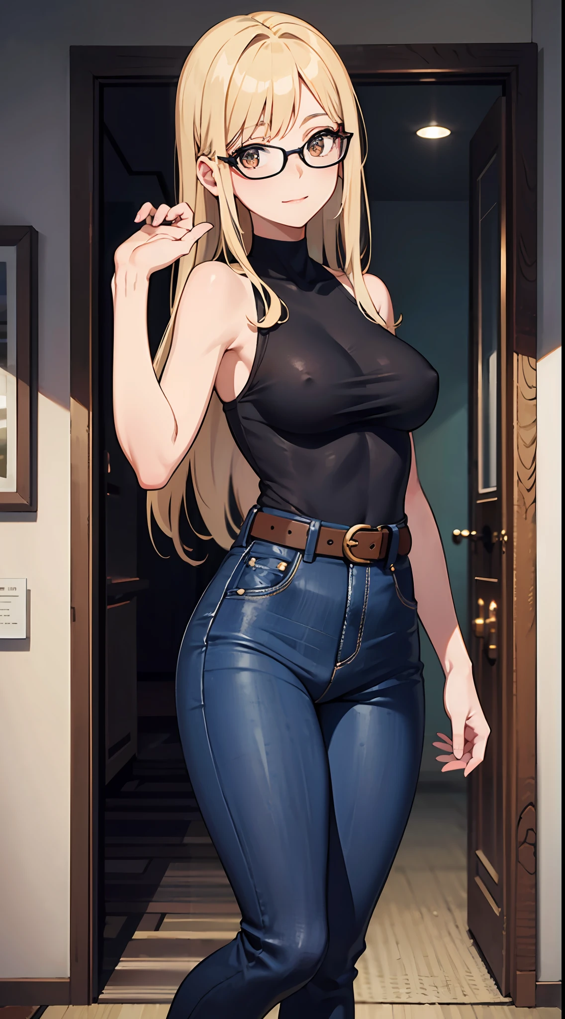 anime woman, stylishly dressed in a tight blue sleeveless dress with a waist belt, complemented by cyan wide leg jeans, and sporting long blond hair and glasses. She is medium chested and has brown eyes. She is calm and collective and has a confident expression on her face along with a soft smile while doing a feminine pose. The scene takes place inside of a museum.