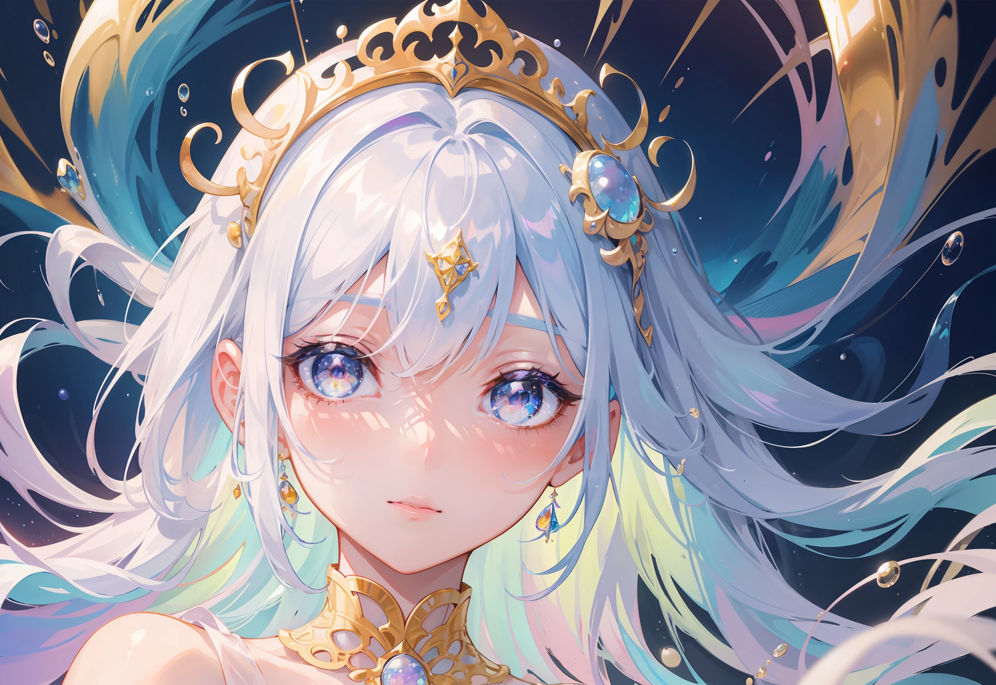 masterpiece, best quality, 8k resolution, sharp focus, intricate detail, beautiful girl, sparkling eyes, golden ratio face, otherworldly liquid, watercolor, pastel colors, bright colors, whimsical, colorful, sharp focus, high resolution, fine detail, liquid ballgown, ((round eyes)), iridescent bubbles