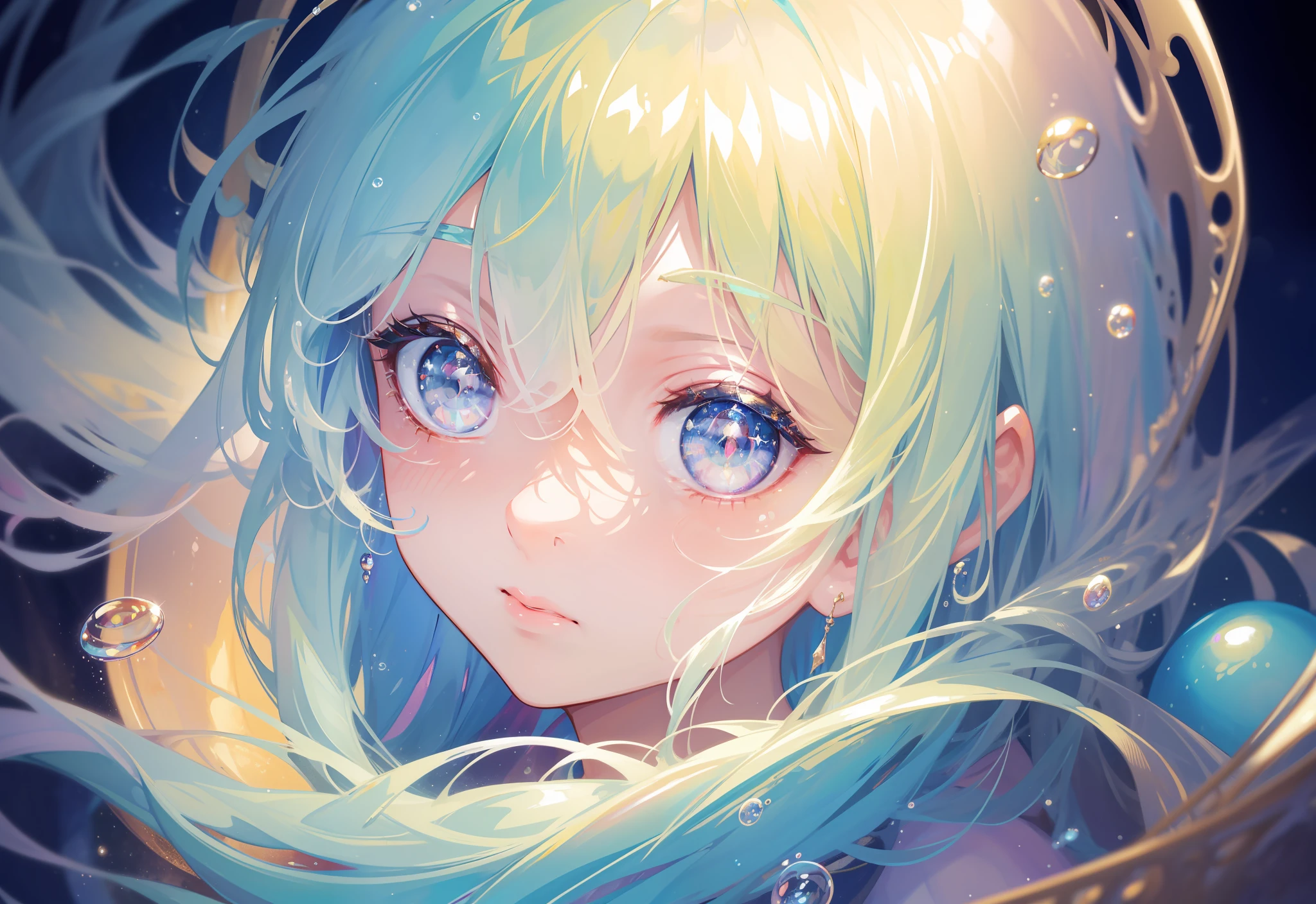 masterpiece, best quality, 8k resolution, sharp focus, intricate detail, beautiful girl, sparkling eyes, golden ratio face, otherworldly liquid, watercolor, pastel colors, bright colors, whimsical, colorful, sharp focus, high resolution, fine detail, liquid ballgown, ((round eyes)), iridescent bubbles