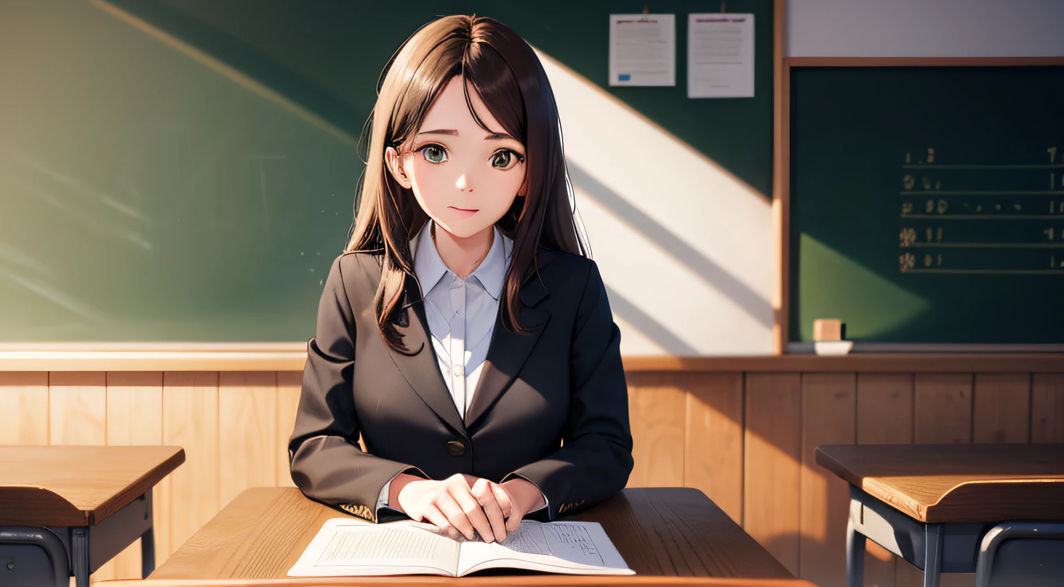 28 year old female teacher in classroom teaching, long brown hair, green eyes, formal wear, blackboard background, Ghibli Film Studio