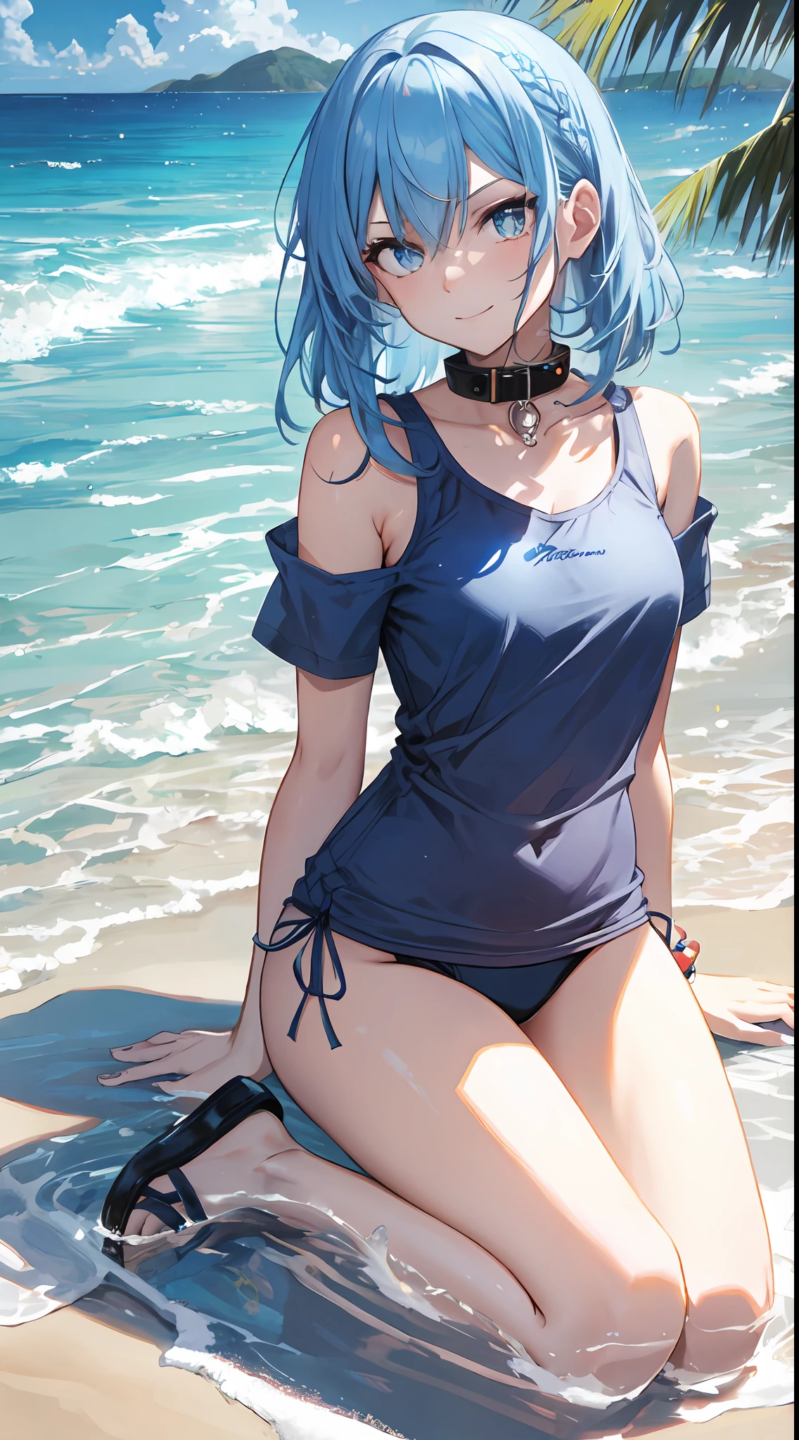 (NSFW:1.2), (8K, Raw photography, Top image quality, tmasterpiece: 1.4), ultra-high-details, (realisitic, photoreallistic: 1.48), 1girl in, Solo Focus, type moon style, Kyoto Animation Style, short-length hair, (blue hairs:1.7), Blunt bangs, Hair Between Eyes, Clear eyes, side locks, White hair, Shiny hair, beautiful detailed cold face, Seductive smile, angry, complex details beautiful and delicate eyes, bare_shoulders, Small_Breasts, Gray eyes, White skin, Hair Ornament, (((T-shirt))), swim ring, swimsuit, beautiful bare back, Sandals, Skindentation, collar bone, bare_Legs, beach, Beautiful detailed sky, White sand, tree, very precise details, absurdist, Extremely detailed, 16k wallpaper,remrezero
