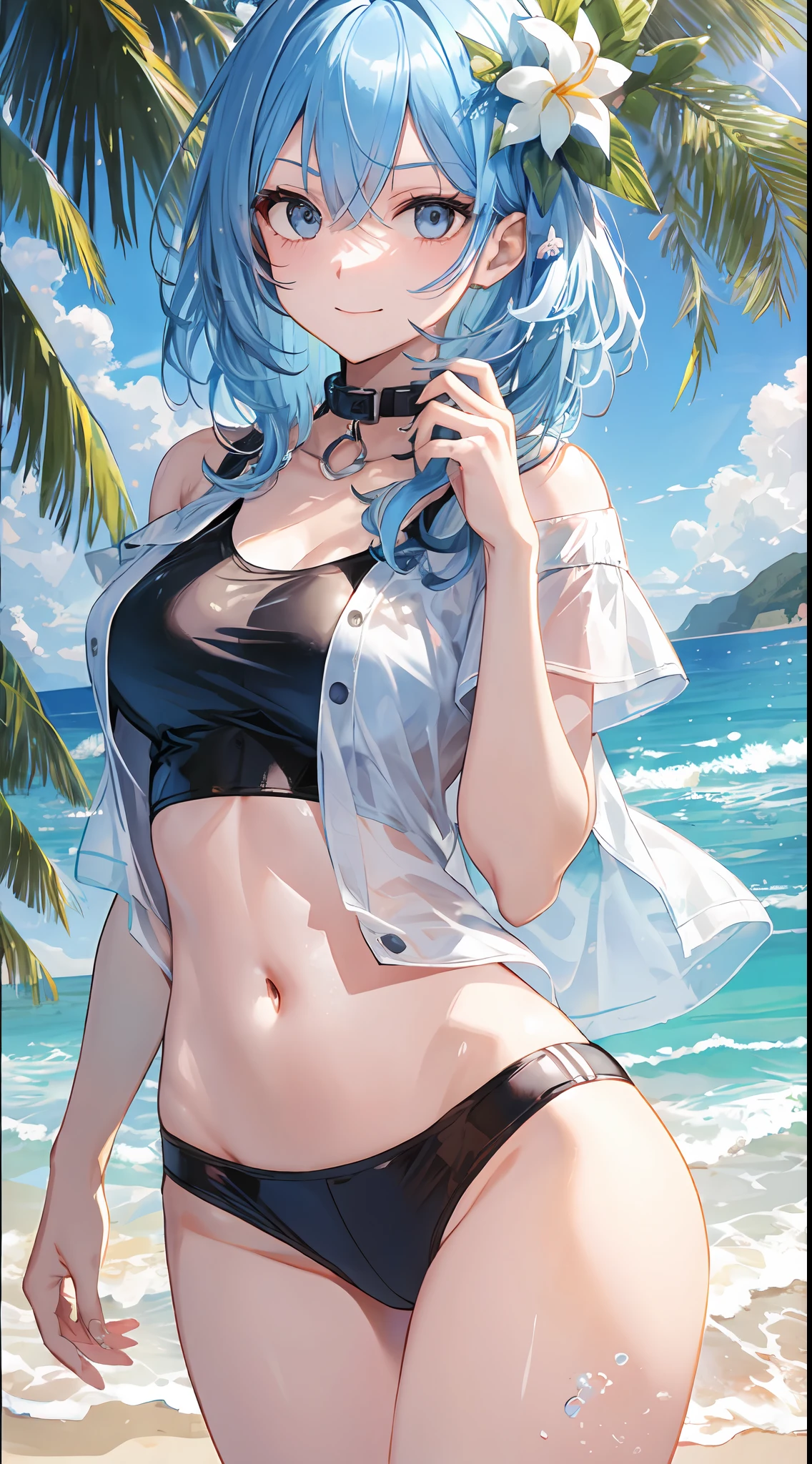 (NSFW:1.2), (8K, Raw photography, Top image quality, tmasterpiece: 1.4), ultra-high-details, (realisitic, photoreallistic: 1.48), 1girl in, Solo Focus, type moon style, Kyoto Animation Style, short-length hair, (blue hairs:1.7), Blunt bangs, Hair Between Eyes, Clear eyes, side locks, White hair, Shiny hair, beautiful detailed cold face, Seductive smile, angry, complex details beautiful and delicate eyes, bare_shoulders, Small_Breasts, Gray eyes, White skin, Hair Ornament, (((T-shirt))), swim ring, swimsuit, beautiful bare back, Sandals, Skindentation, collar bone, bare_Legs, beach, Beautiful detailed sky, White sand, tree, very precise details, absurdist, Extremely detailed, 16k wallpaper,remrezero
