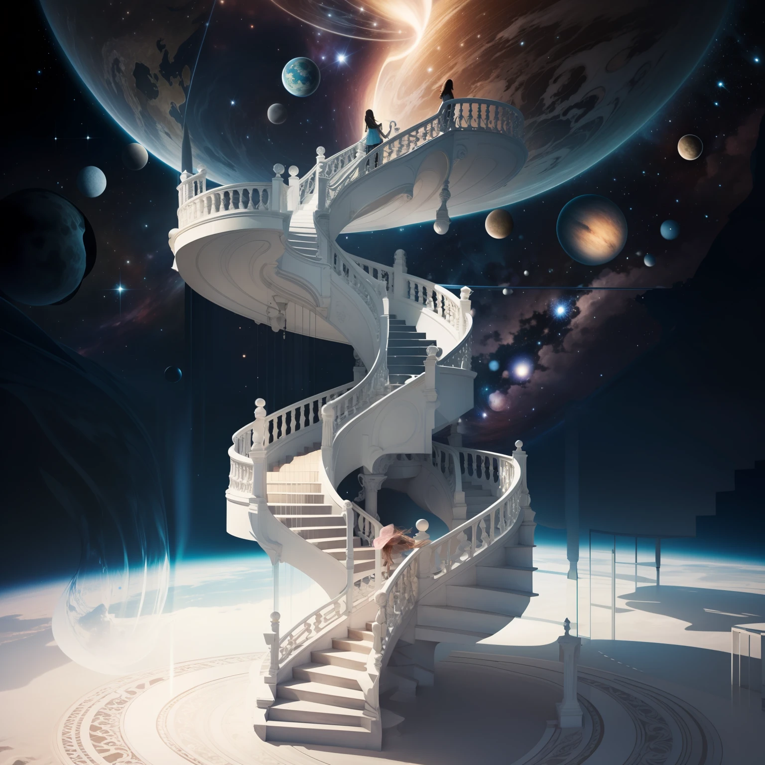 Girl walks on the white stairs in the vast universe