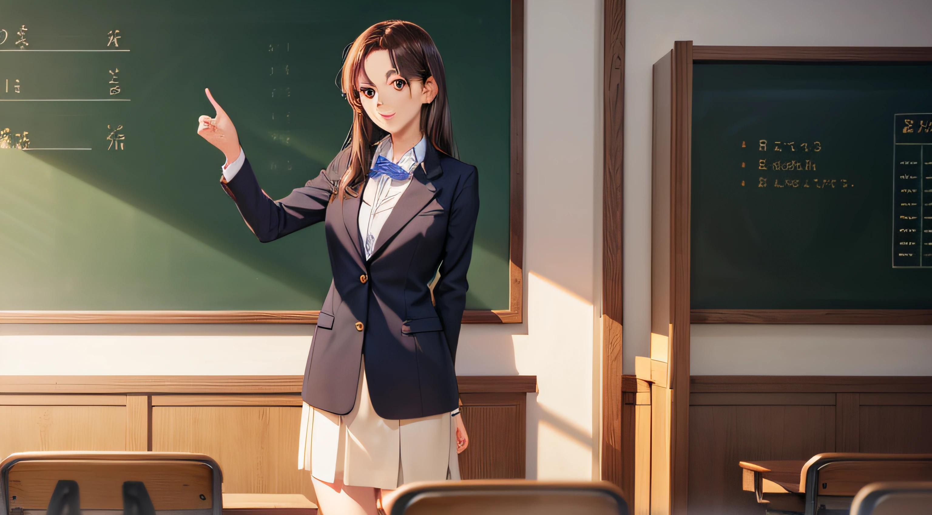 Female teacher, 28 years old, standing in classroom teaching, long brown hair, green eyes, formal wear, blackboard in background, Ghibli Film Studio