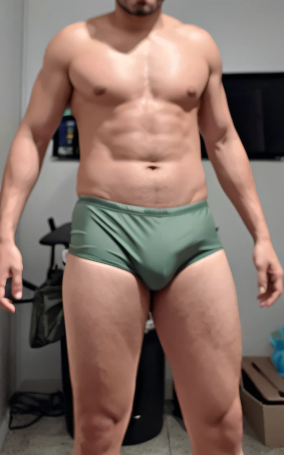there is a man in a green underwear standing in a room, foto fit, meio tiro de um hunky, not wearing many clothes, thicc, usando tanga, physical : tinyest midriff ever, recorte de meio corpo, tiro do meio cintura para cima, tanga, complete body view, upper torso included, tiro no meio do corpo
