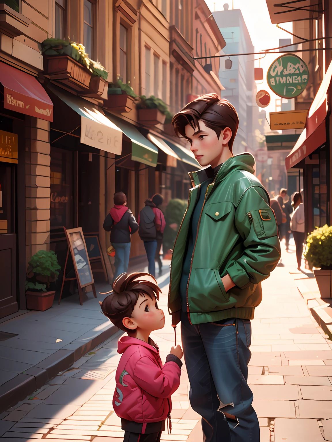 Brown haired 6-year-old boy with his brunette mother in a city full of buildings