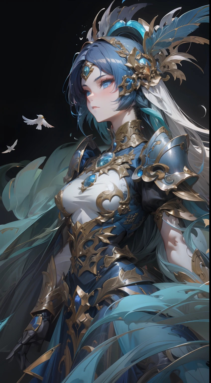 A closeup of a woman in a blue dress with a feathered head piece, epic exquisite character art, arte de fantasia detalhada, 2. 5 d cgi anime fantasia arte, arte de personagem impressionante, pale blue armor, arte digital de fantasia detalhada, arte de fantasia altamente detalhada, por Yang J, Arte de fantasia 4k, Chengwei Pan em ArtStation, clothed in ethereal armor