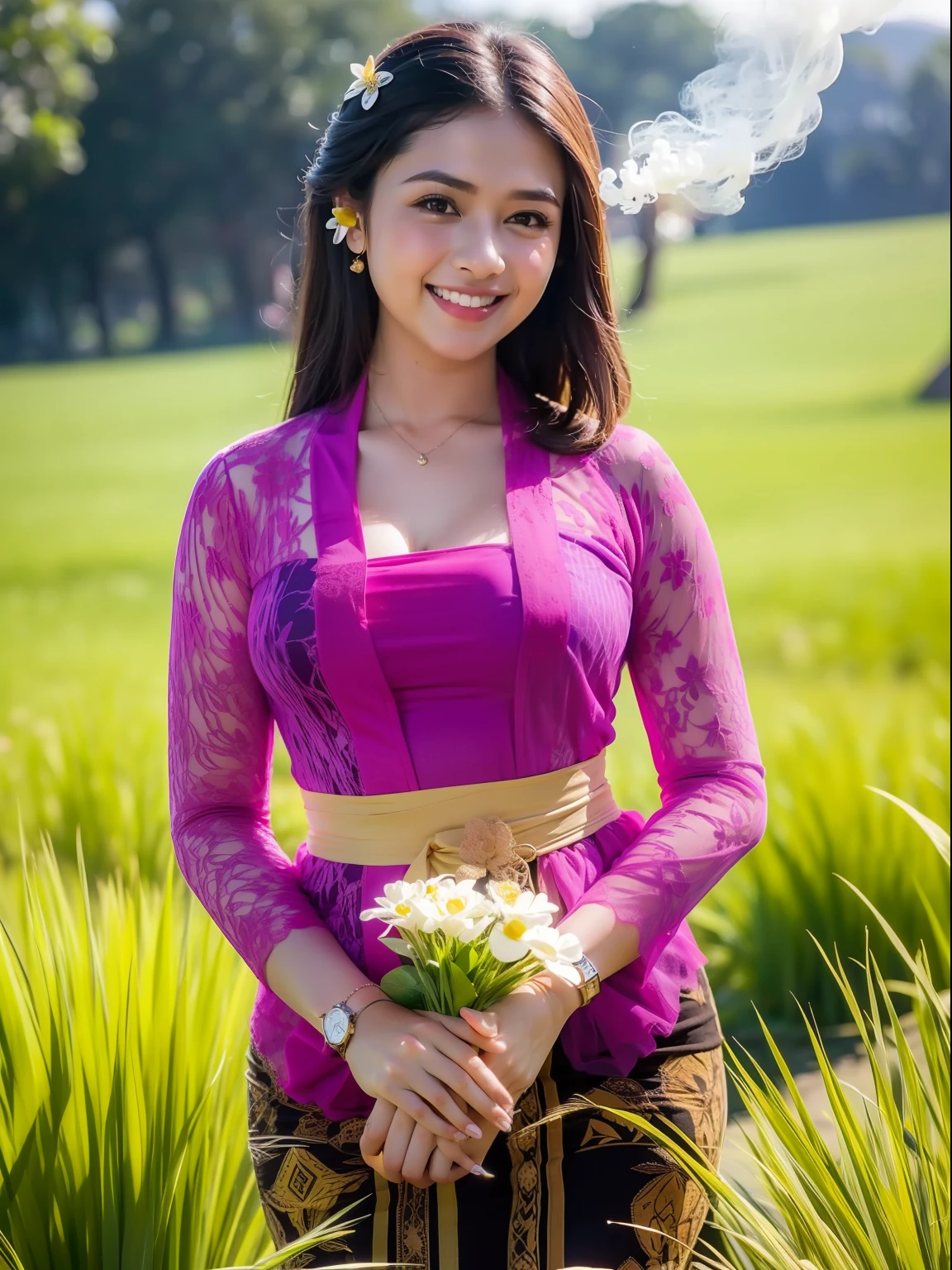1girl, (kebaya_bali), white flower, smoke, grass, nature, outdoors, detailed face, detailed eyes, huge breasts, shiny skin, looking at the audience, (laughing cute: 1.2), (happy), (8k, RAW photo, best quality, masterpiece: 1.2), (realistic, realistic: 1.37), ultra-high resolution