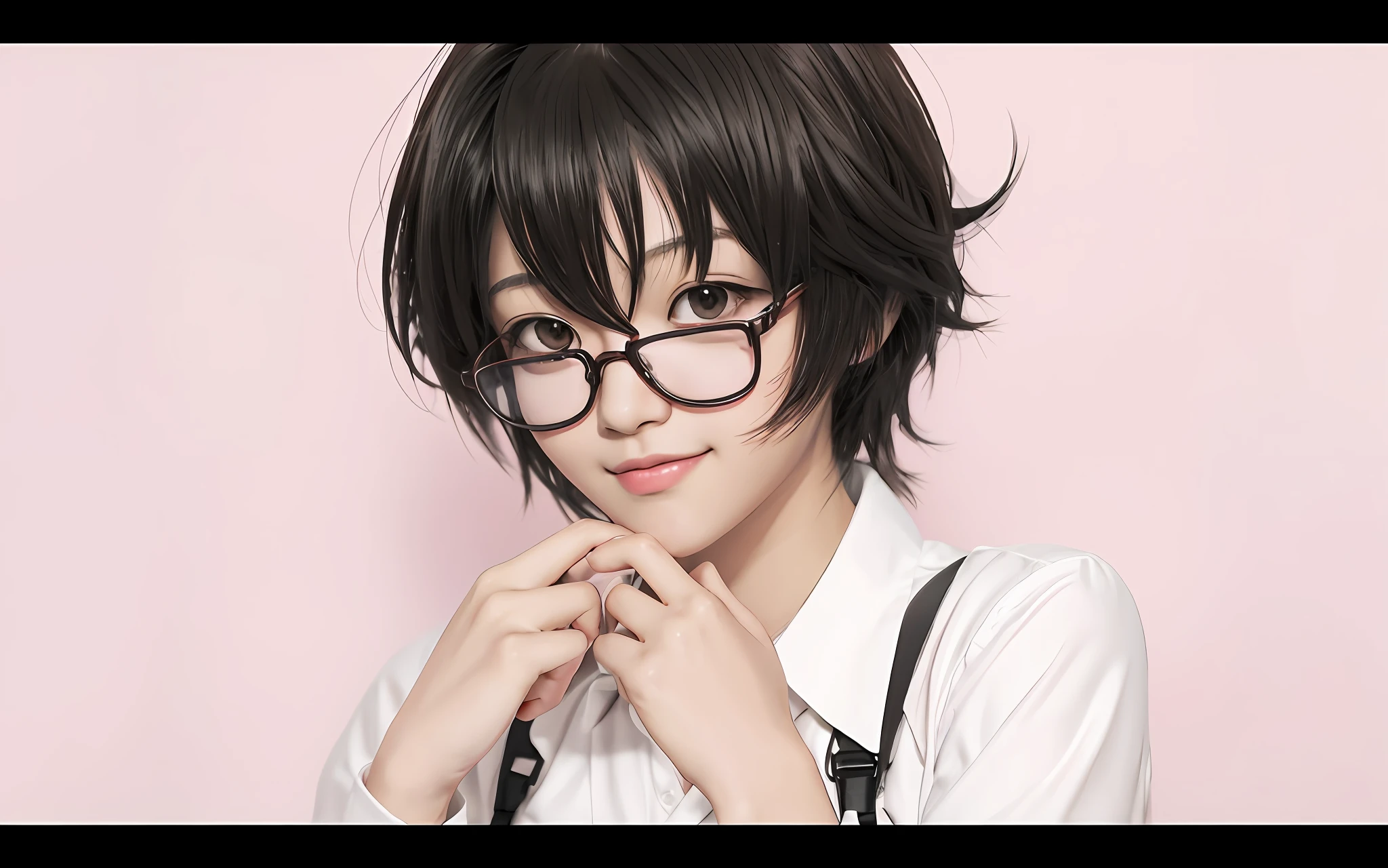 Girl posing for photo with glasses and suspenders, inspired by Okumura Togyu, inspirado em Okumura Masanobu, honest, anime moe art style, Shinkai sincerely, !!Wearing glasses!!, inspired by Hisui Sugiura, Makoto Shinkai. a digital rendering, Kawaii realistic portrait