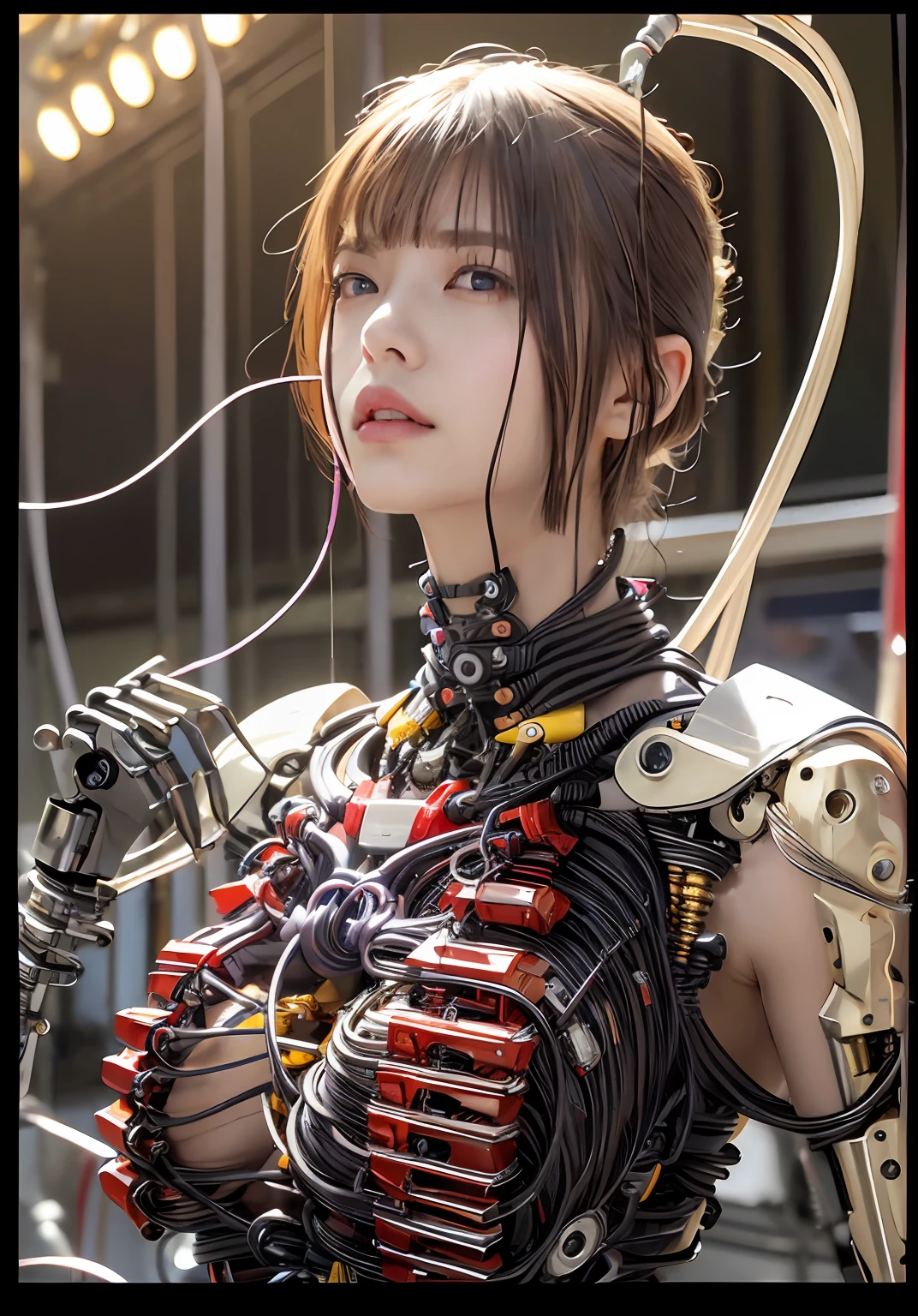 (((masterpiece)))、((top-quality))、(The ultra-detailliert)、、(Very noble and beautiful))、Cinematic Light、((1 Mechanical Girl))、Goldsmith on white porcelain body、Sumerian details、a purple eye、Colossal tits、The cleavage is visible、Single、(Mechanical joint:1.4)、((Mechanical limb))、(Blood vessels attached to tubes)、((Mechanical spine attached to the back))、((Mechanical cervical vertebrae attached to neck))、(Wires and cables attached to the head and body:1.5)、 neon details、scientific fiction、Steampunk details、cowboy shot、