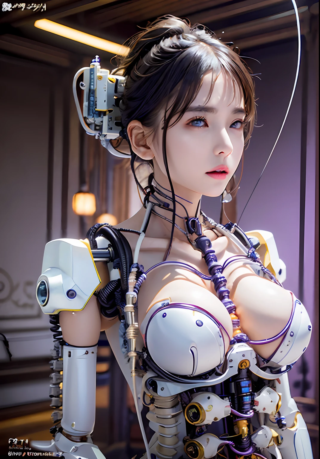 (((masterpiece)))、((top-quality))、(The ultra-detailliert)、、(Very noble and beautiful))、Cinematic Light、((1 Mechanical Girl))、Goldsmith on white porcelain body、Sumerian details、a purple eye、Colossal tits、The cleavage is visible、Single、(Mechanical joint:1.4)、((Mechanical limb))、(Blood vessels attached to tubes)、((Mechanical spine attached to the back))、((Mechanical cervical vertebrae attached to neck))、(Wires and cables attached to the head and body:1.5)、 neon details、scientific fiction、Steampunk details、cowboy shot、